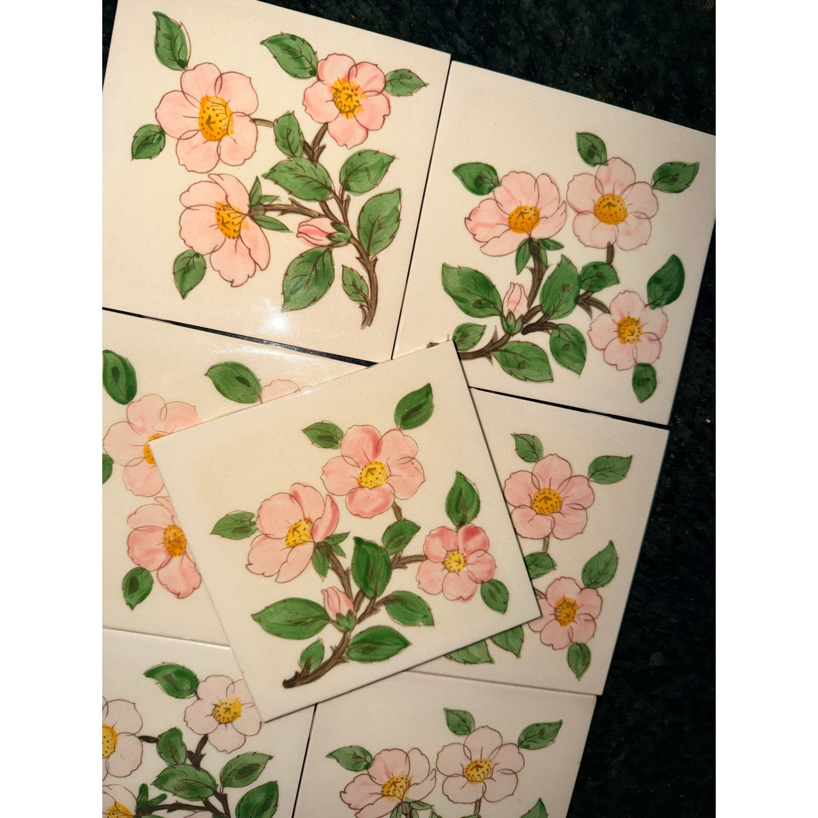 Vintage Franciscan Desert Rose Ceramic Tiles Set of 7 Hand Painted Floral USA