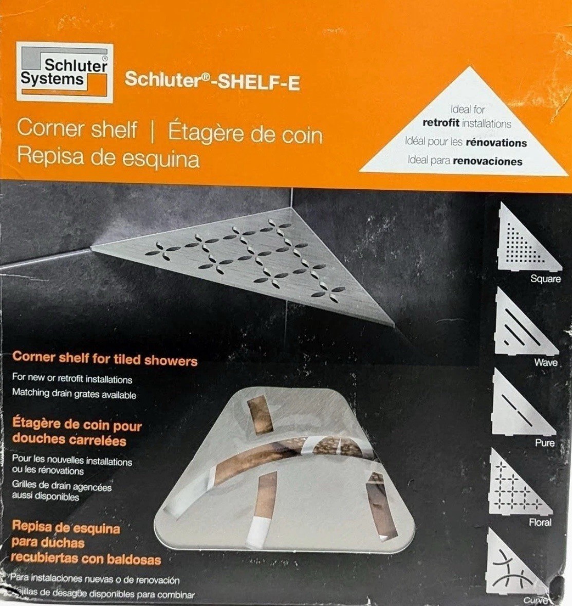 Schluter SHELF-E Corner Shelf – Curve Design, Brushed Stainless Steel – SES1D6EB