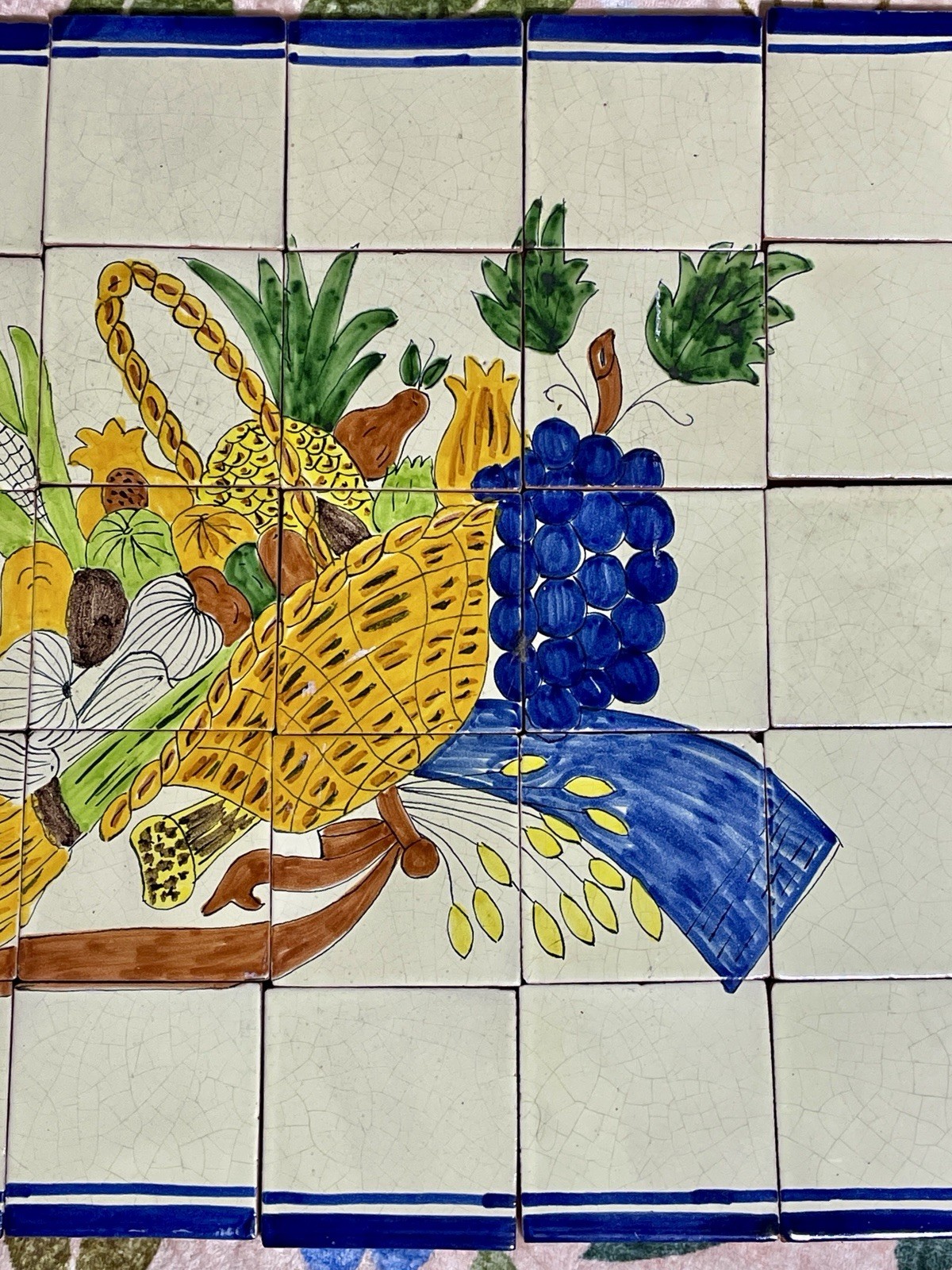 Vintage Mexican Talavera TILE MURAL Backsplash Fruit Basket 24”x20”
