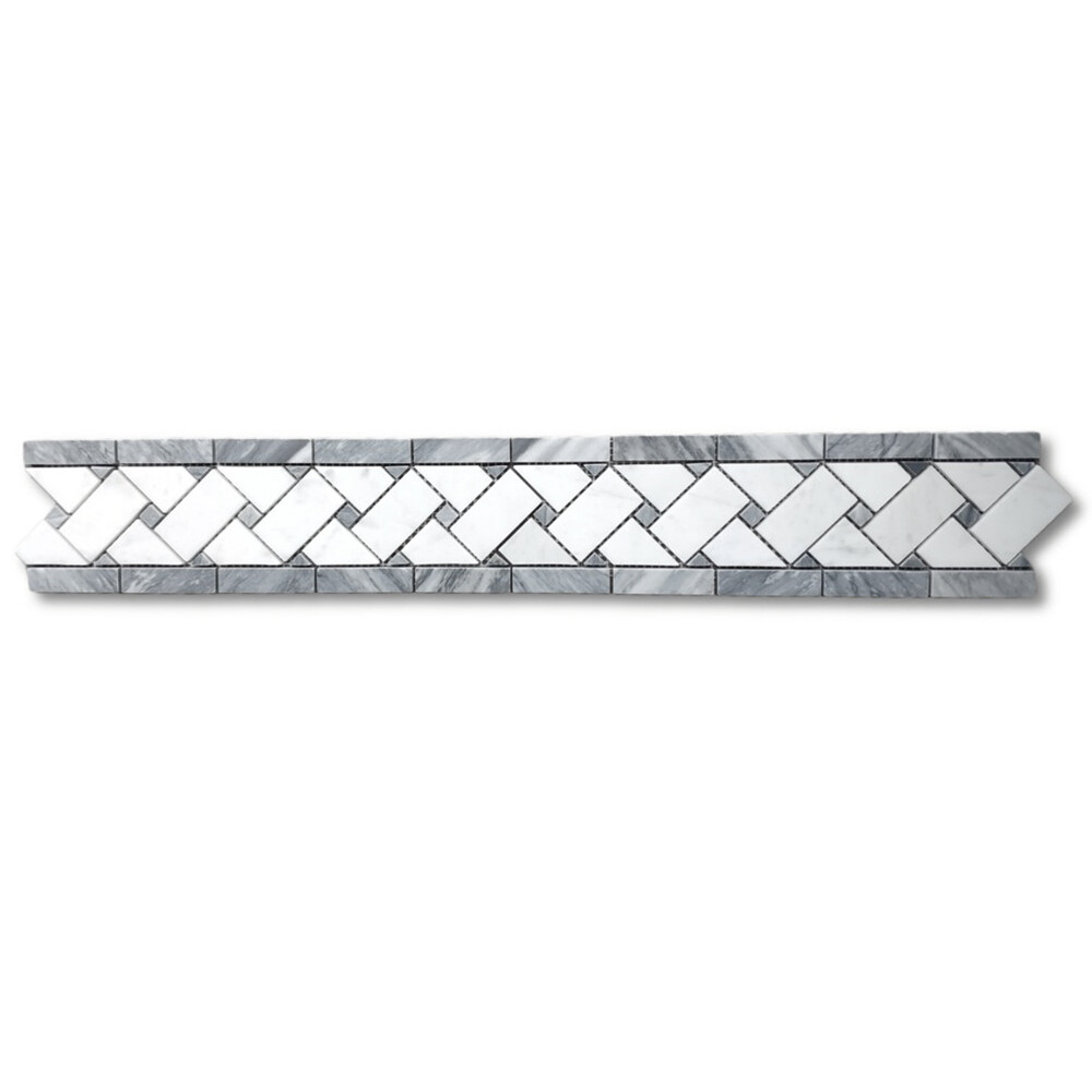 C657BXH Carrara Venato Marble Basketweave Mosaic Border Dark Gray Dots Honed