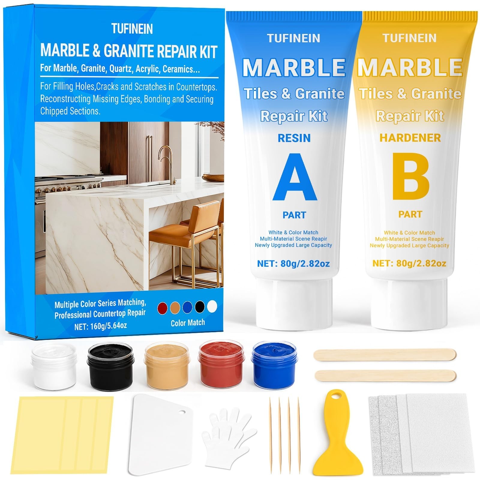 Marble & Granite Countertop Repair Kit – Fills Chips, Cracks, Scratches, Dents