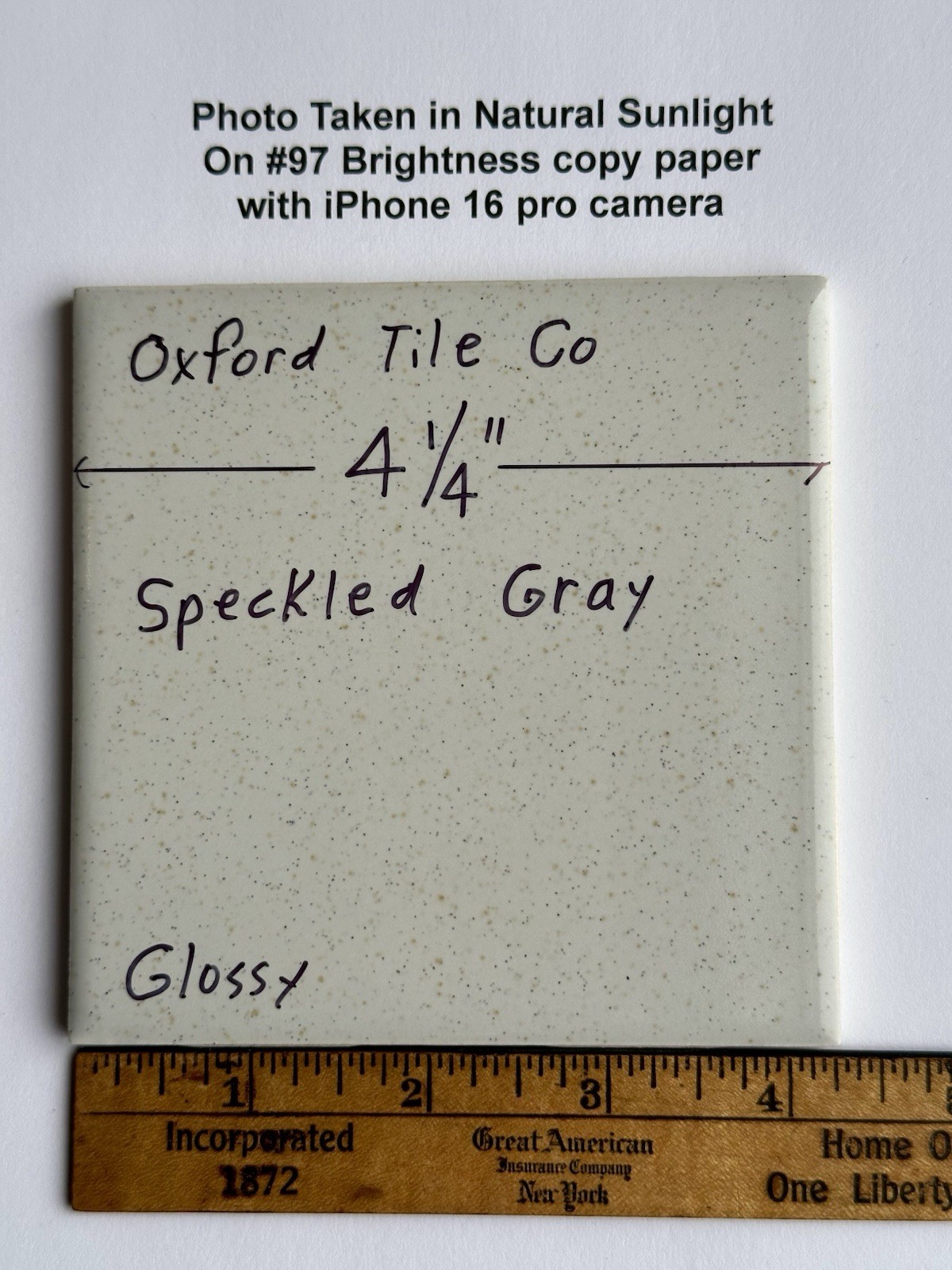1 pc. Speckled Gray: 4-1/4″ Glossy Ceramic Tile by Oxford Co. NEW