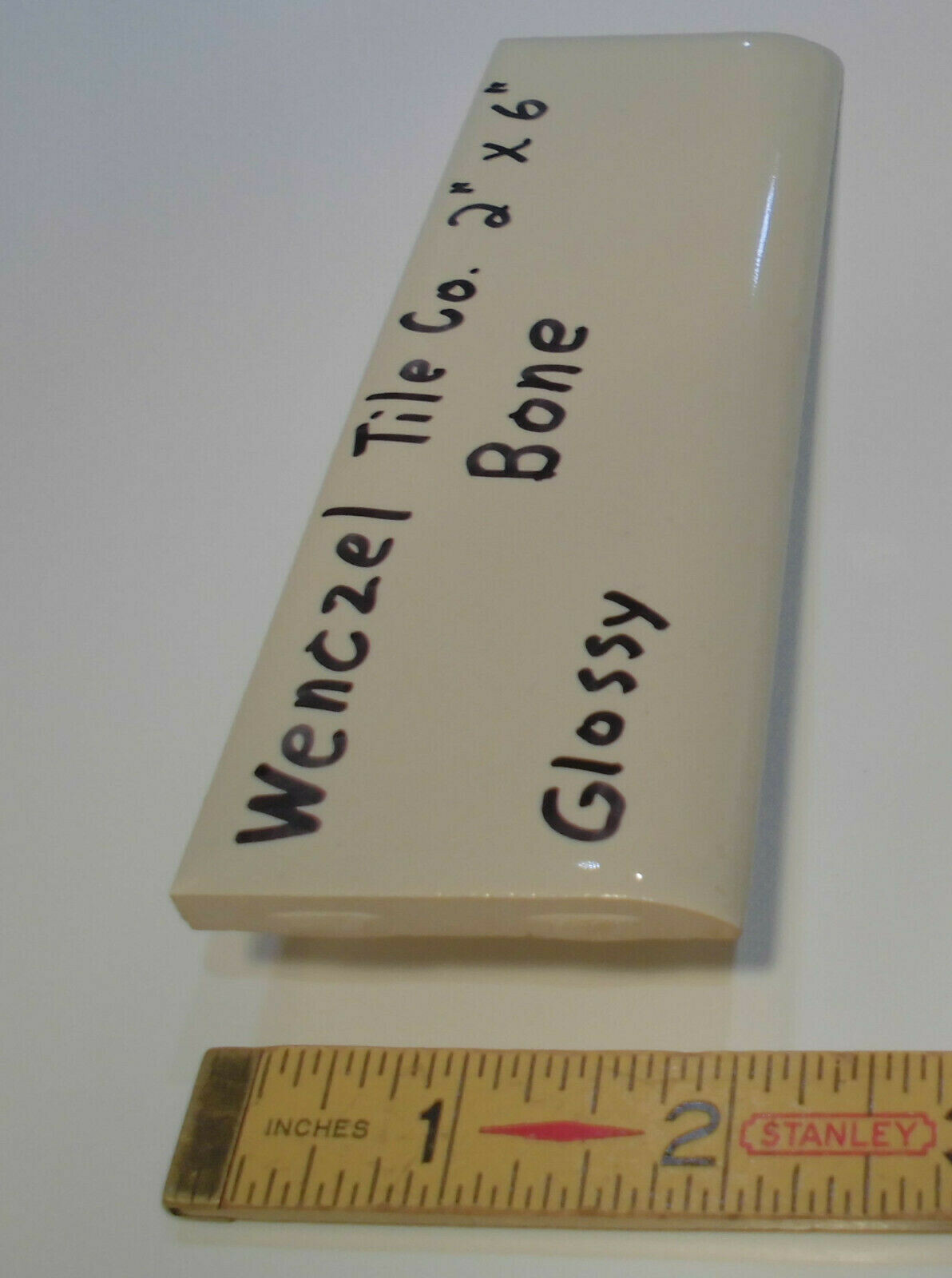1 pc. Vintage Glossy *Bone* 2” X 6” Bullnose Ceramic Tile by Wenczel Co. NOS