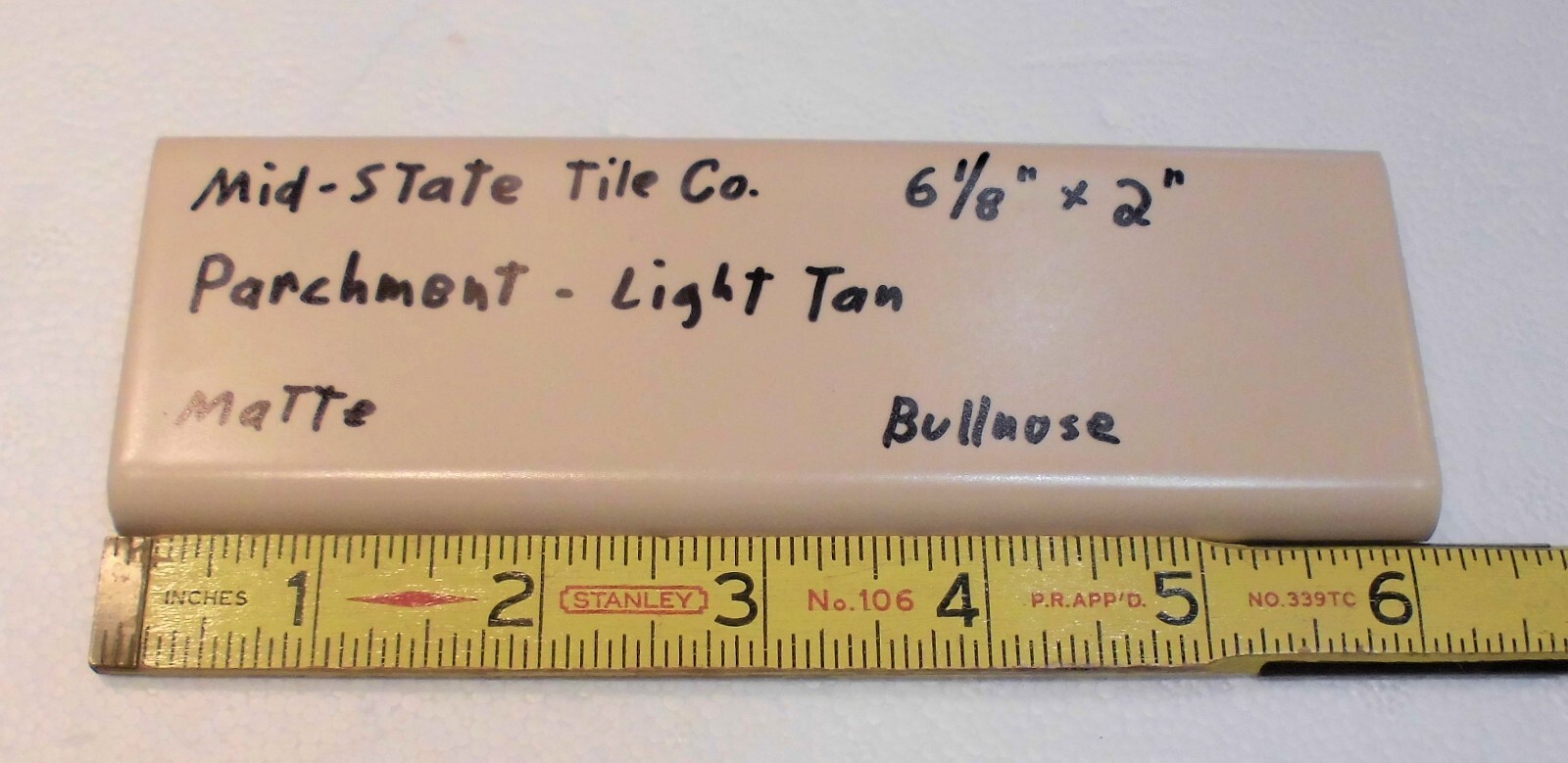 1 pc. Parchment-Light Tan 2” X 6-1/8” Matte Ceramic Bullnose Tile Mid-State Co.