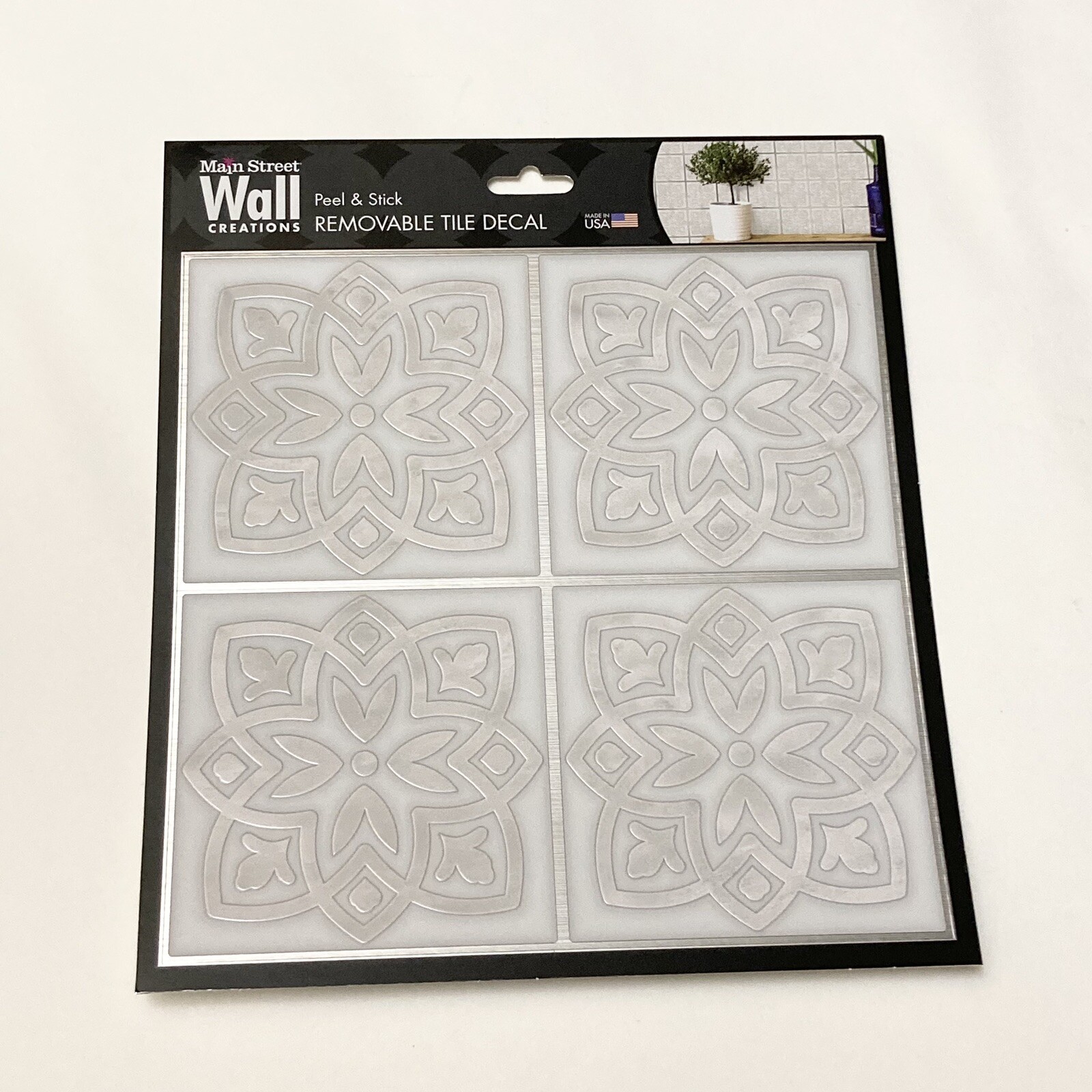 Peel Stick 8″x8″ Art Wall Tile Floral Gray White Marble Silver Made in USA