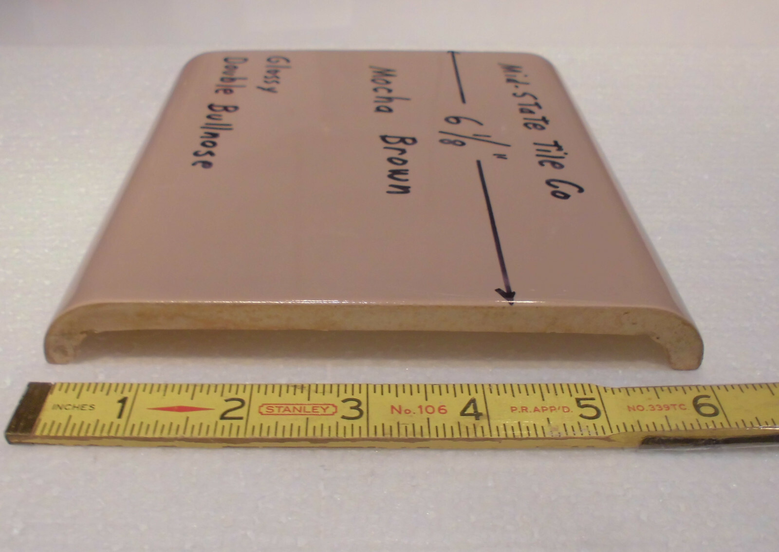 1 pc. Mocha – Brown 6″ x 6″ Double Radius Bullnose Glossy Ceramic Tile: NOS