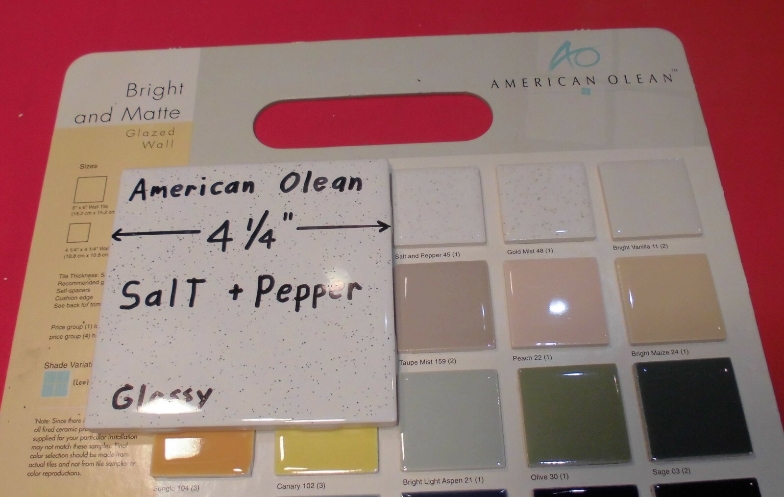 1 pc. Salt + Pepper Glossy Ceramic Tile by American Olean 4-1/4″ New Stock, Mint