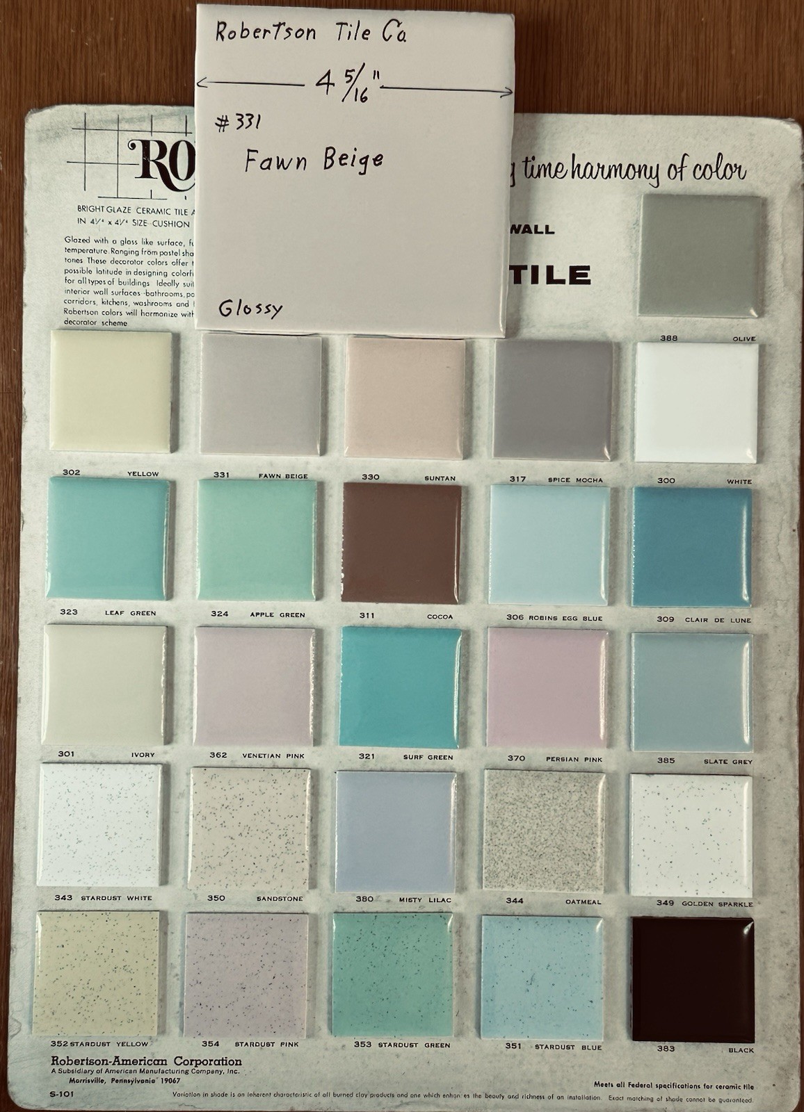 1 pc. Fawn Beige: 4-5/16″ Glossy Ceramic Tile, by Robertson Tile Co. light brown