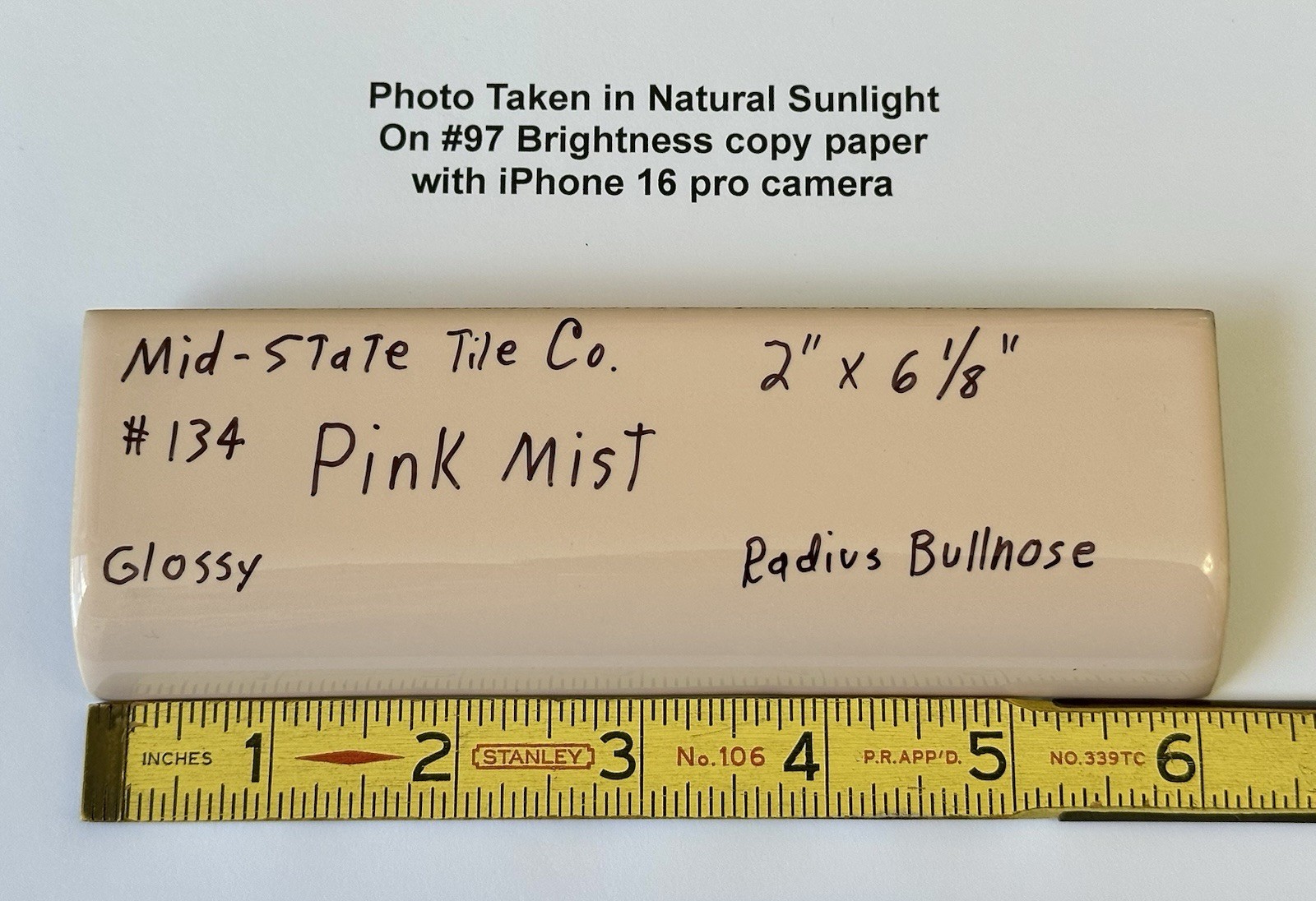 1pc. *Peachy Pink Mist* Glossy Ceramic Radius Mud Cap Bullnose Tile; 2″ X 6″ NOS