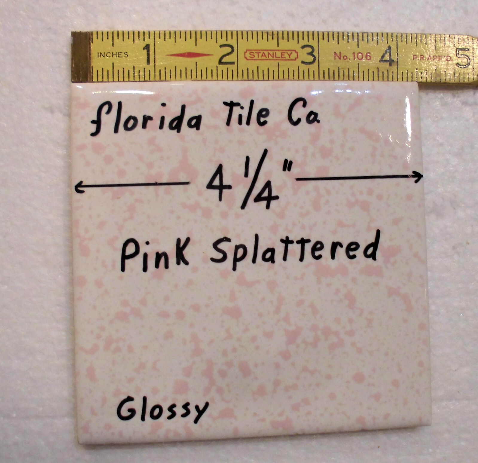 1 pc. “Pink Splattered” 4-1/4″ Glossy Ceramic Tile: Florida Co. Pink on White