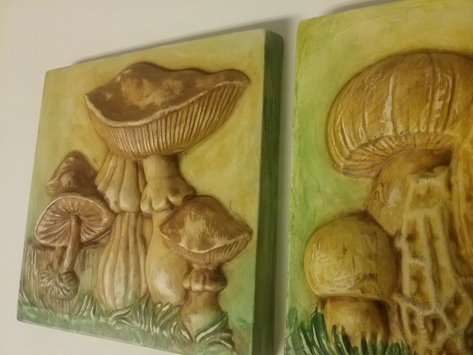 Autumn vintage ceramic tile painted nature mushrooms pair of two