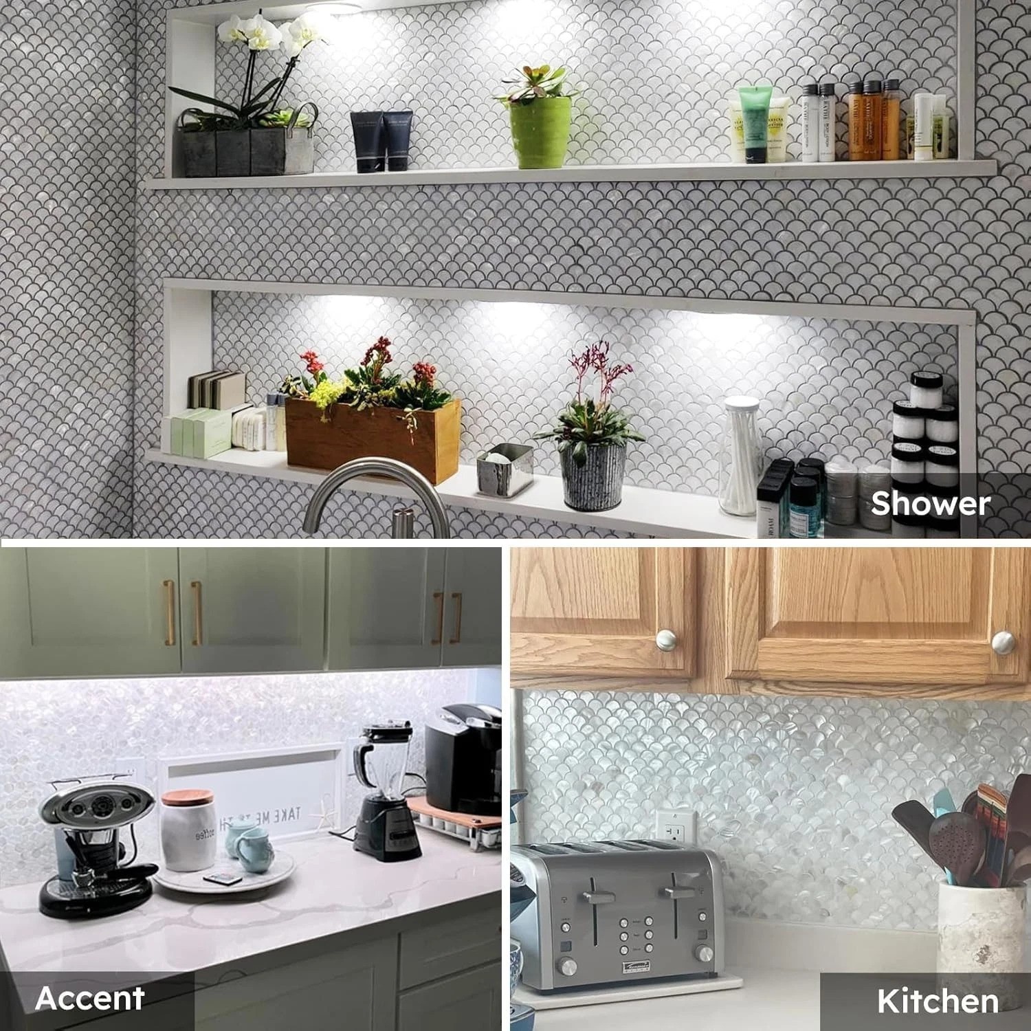 Modern Fish Scale Backsplash Tiles – Pack of 6 Water-Resistant Shell Sheets