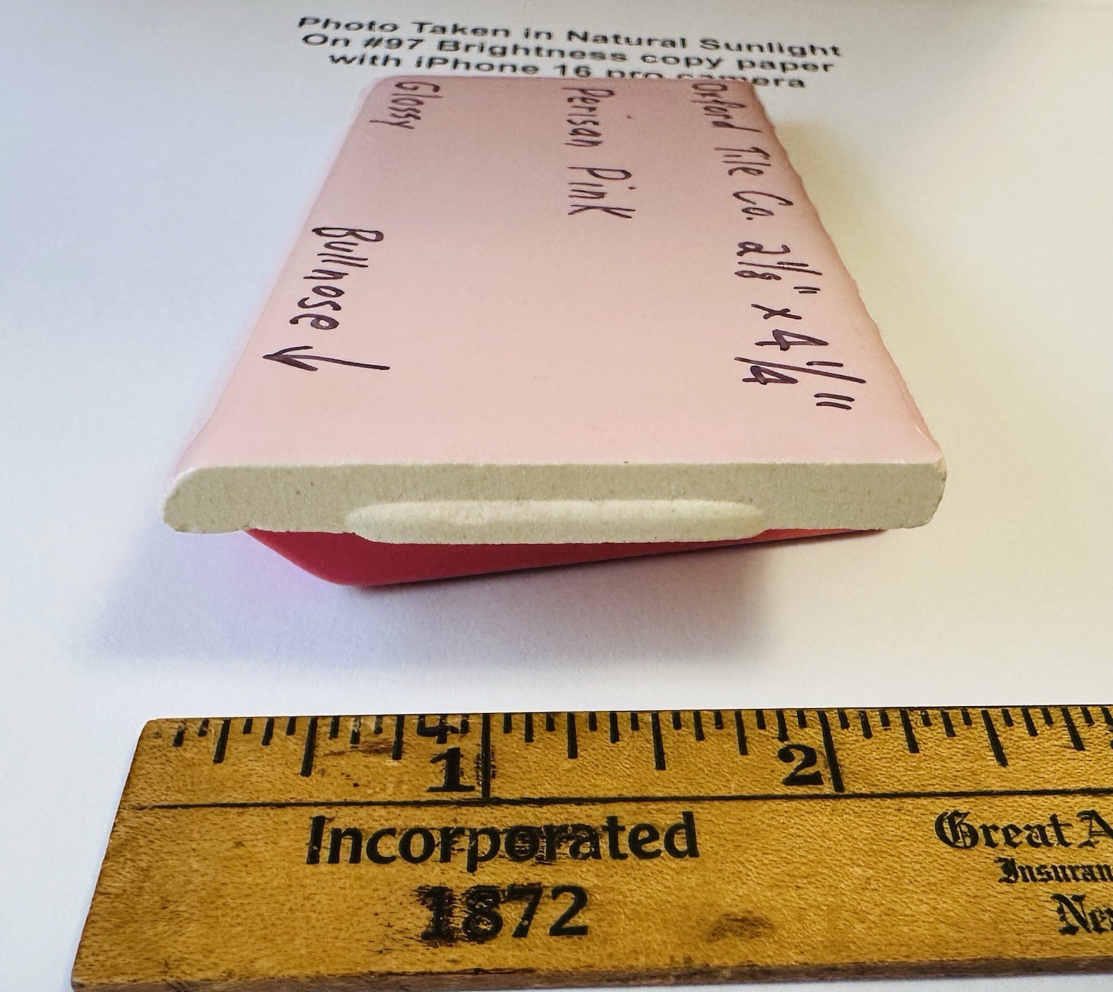 1 pc. Persian Pink: 2-1/8″ X 4-1/4″ Glossy Bullnose Ceramic Tile by Oxford Co.