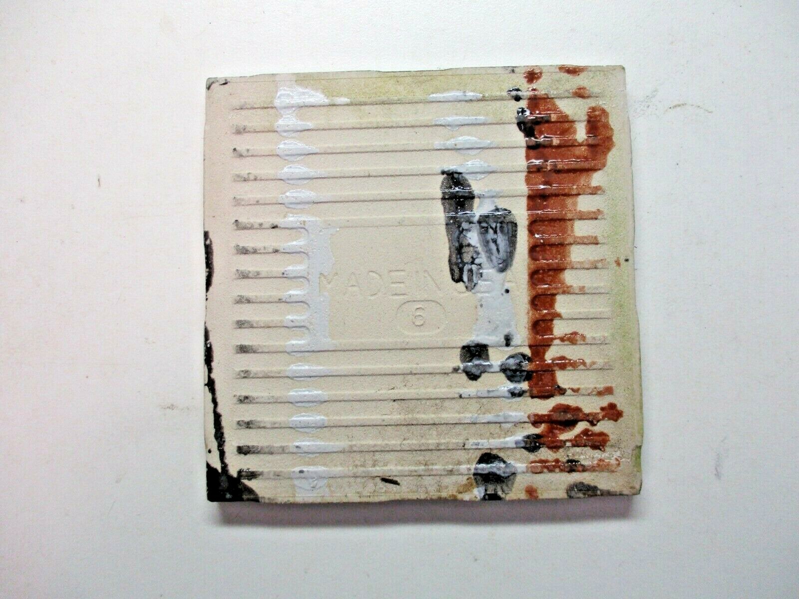 1 Tile interceramic 4-1/4″sq Satin Brown Speckles on Pale Gray Wrinkled Wall MCM
