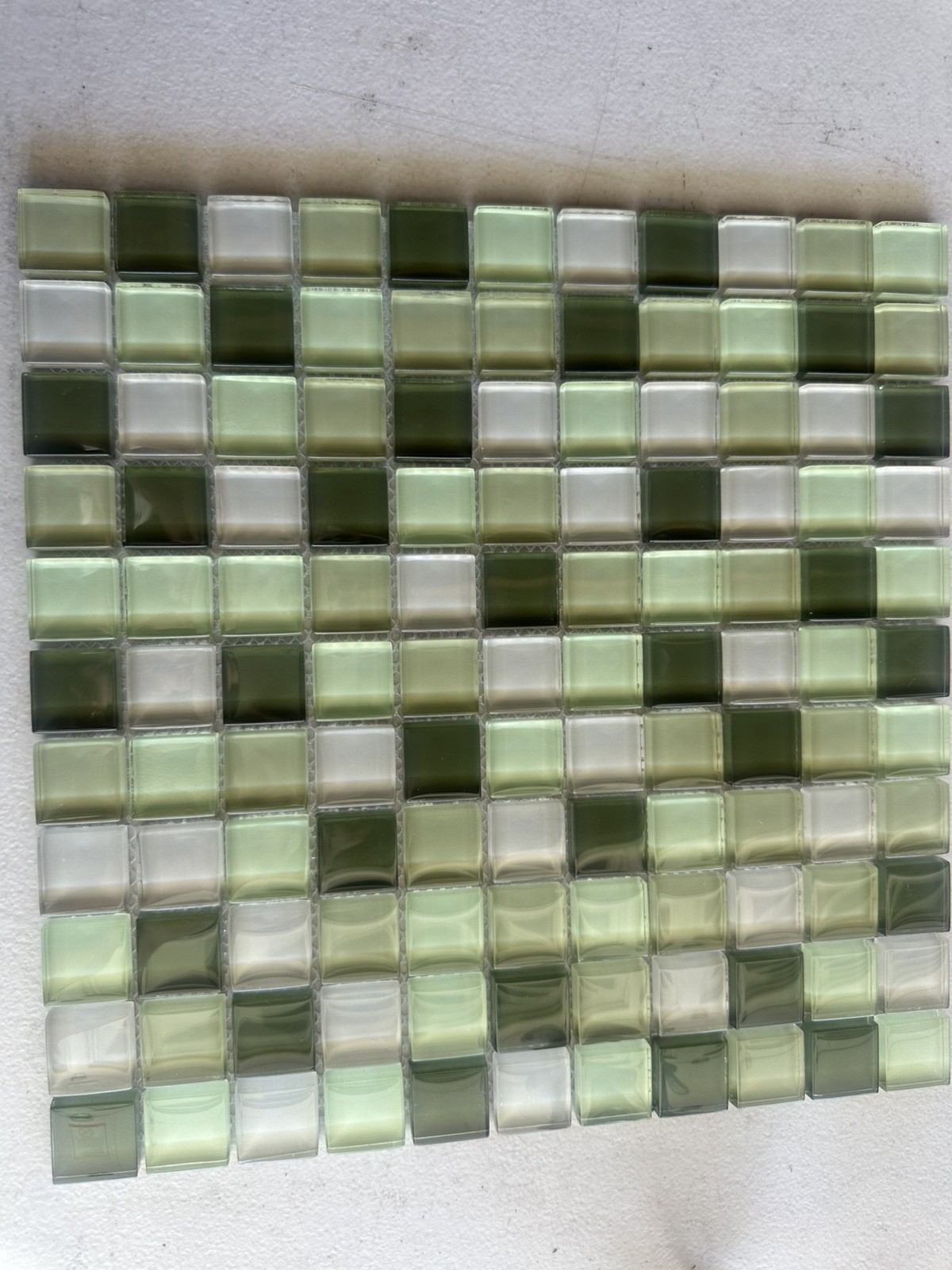 Light green Mix Glossy Glass Mosaic 1″x1″ Stacked Mesh Mounted