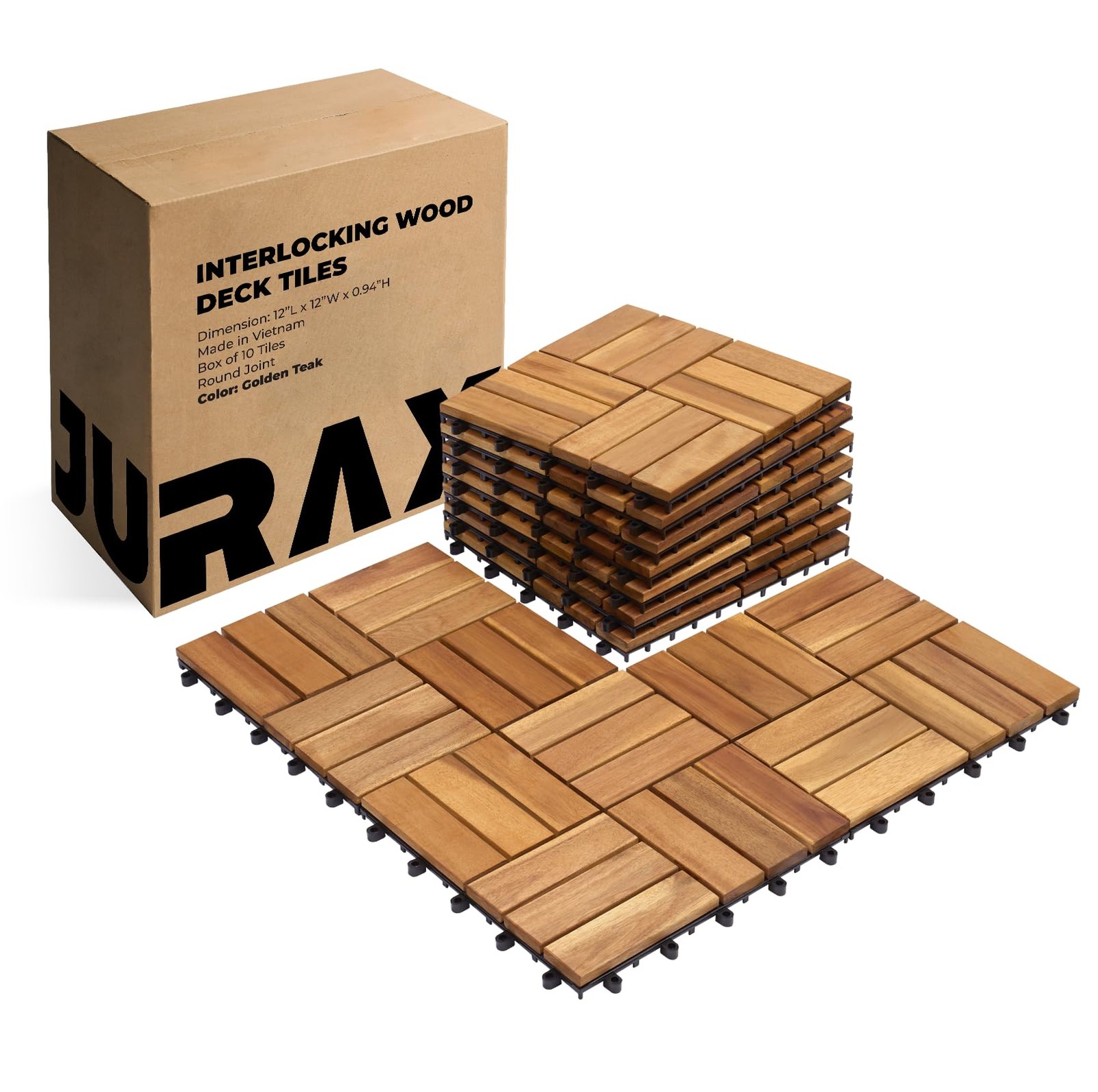 Premium Solid Wood Interlocking Deck Tiles, 10 PCs 12”x12” Snap Together Pati…