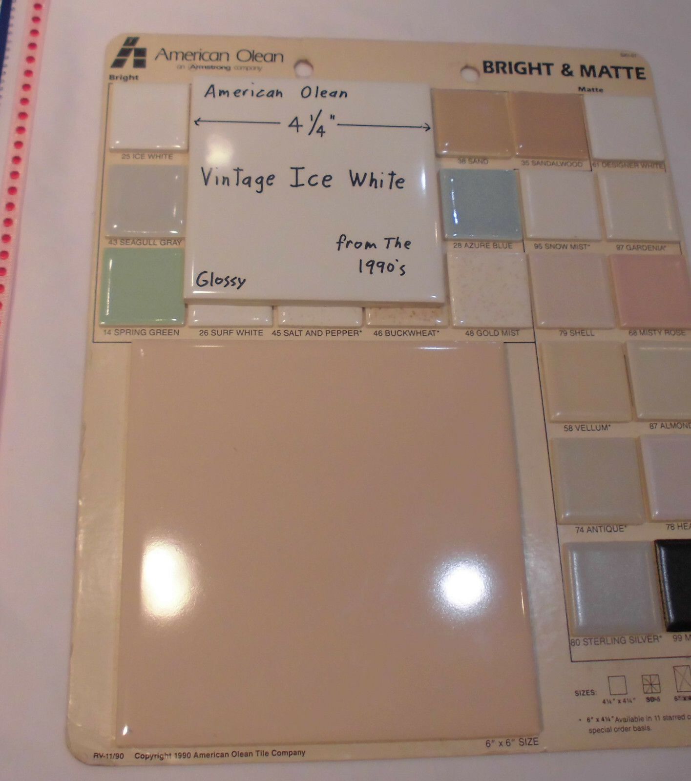 1 pc. Vintage: *Ice White* Glossy Ceramic Tiles by American Olean…4-1/4″ NEW
