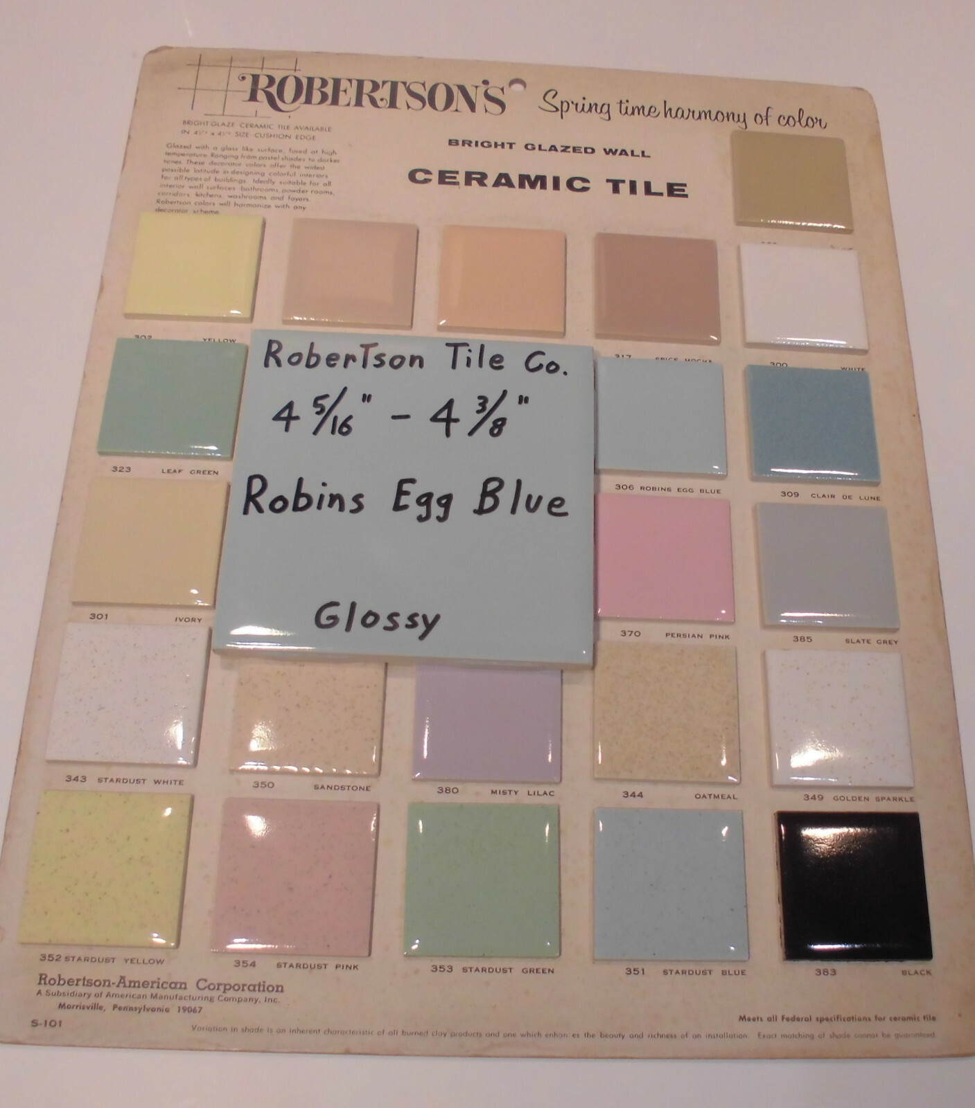 1 pc. Vintage Ceramic Tile *Robins Egg Blue* 4-5/16″- 4-3/8″ Robertson Co. NOS