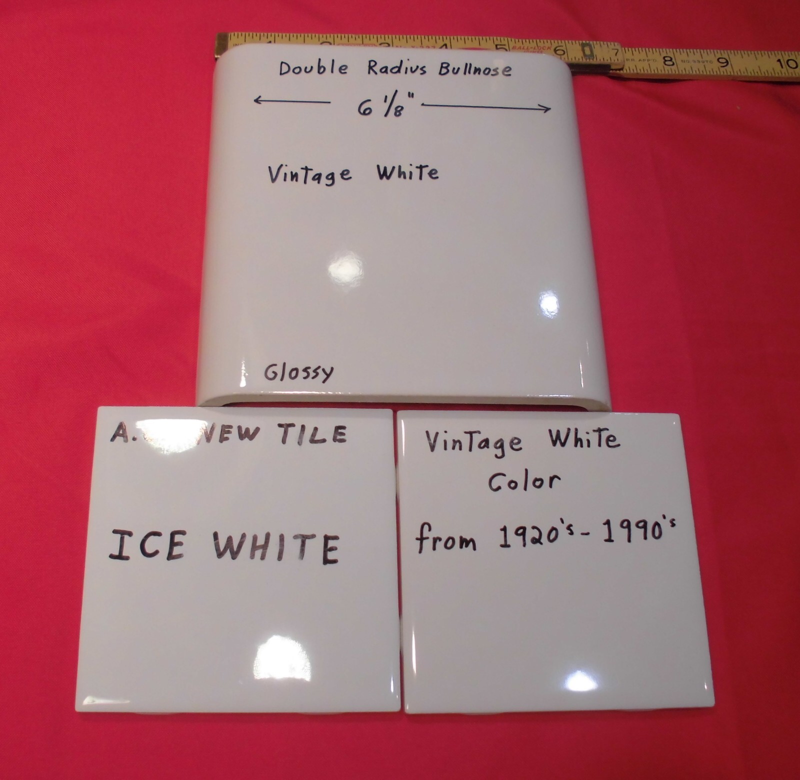 1 pc. Vintage White 6″ x 6″ Double Radius Bullnose Glossy Ceramic Tile, NOS
