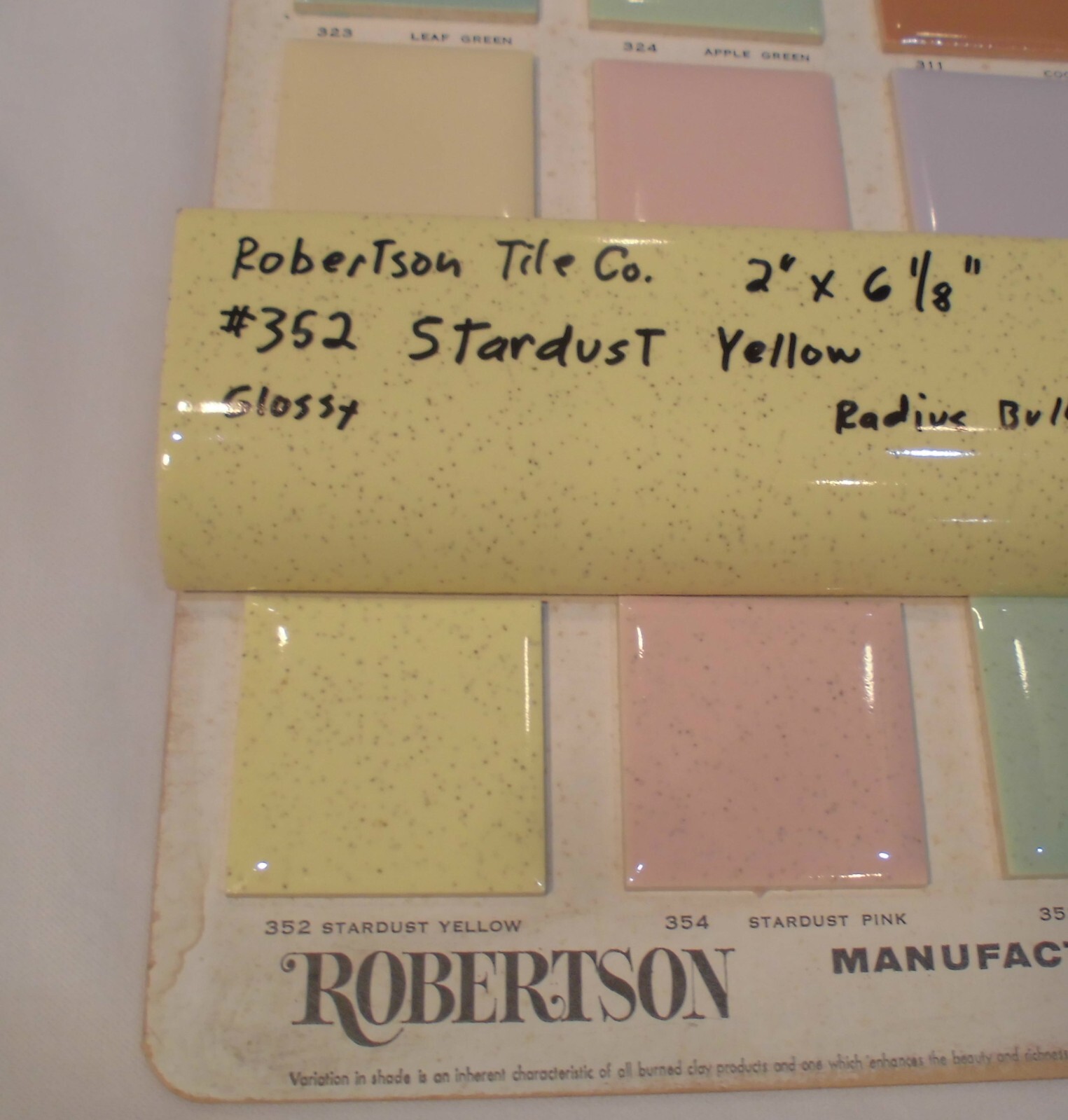 1 pc. *Stardust Yellow* Ceramic Tile; 2″ X 6-1/8″ Radius Bullnose; by Robertson