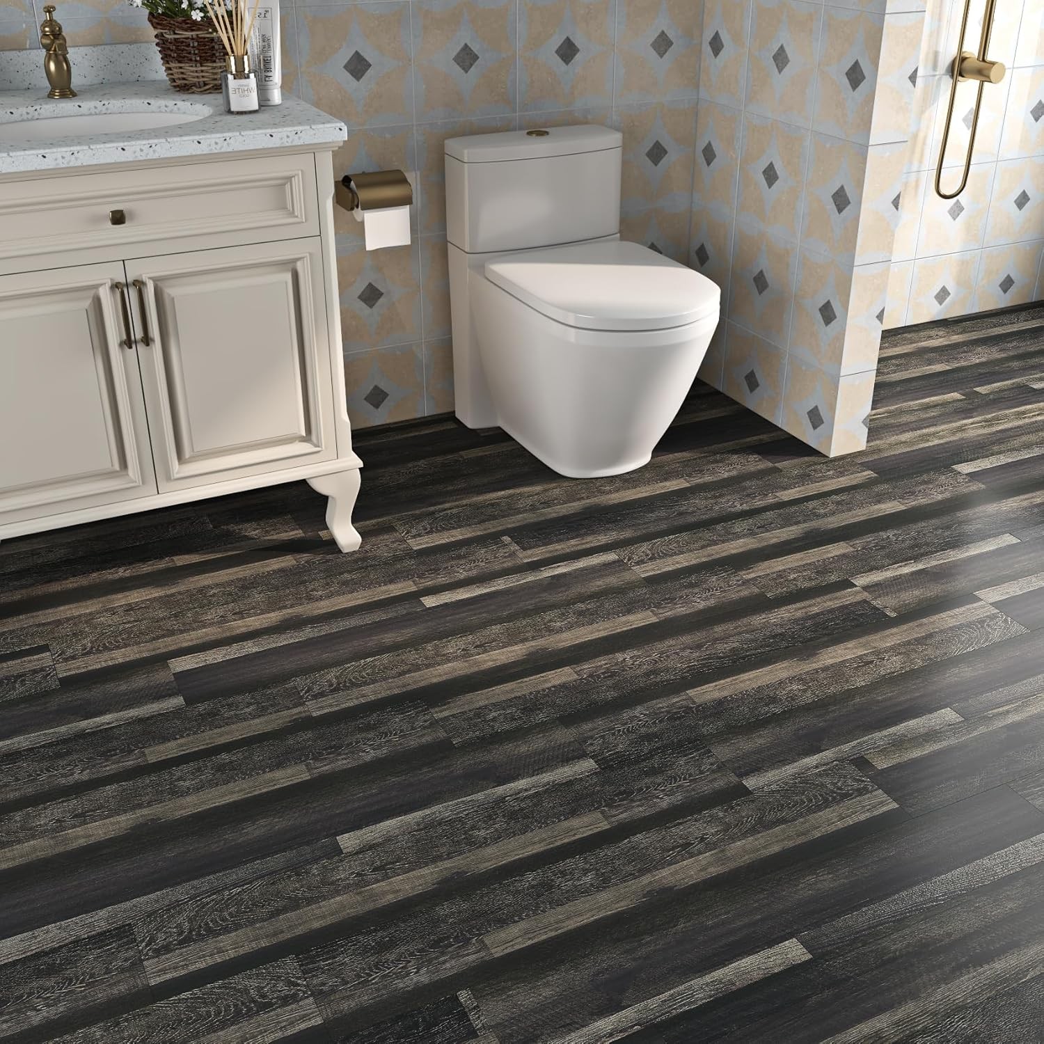 Retro Black Peel and Stick Floor Tile 12×12 4-Tiles Luxury Vinyl Plank