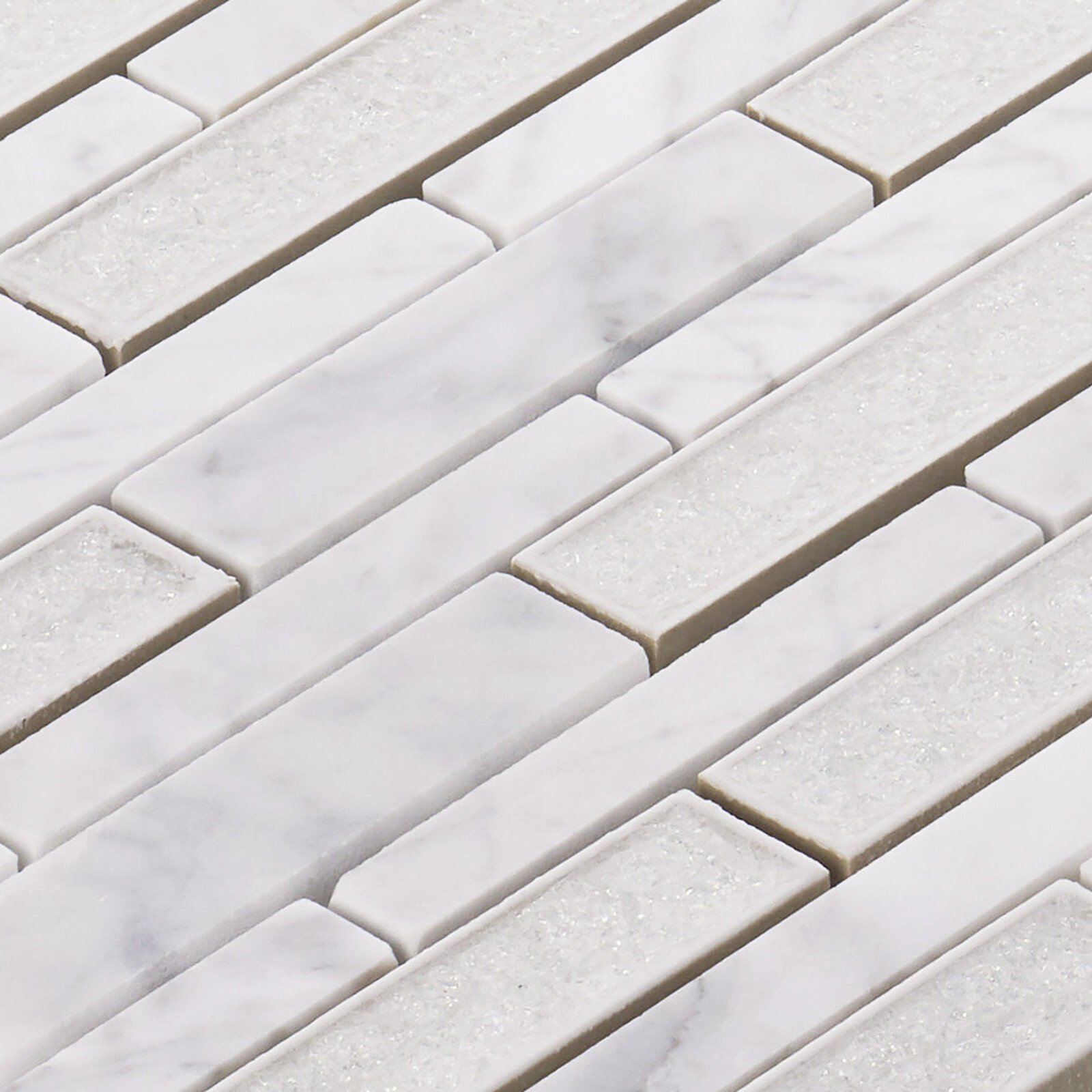 White Calacatta Marble Stone Crackle Glass Linear Mosaic Tile Kitchen Backsplash