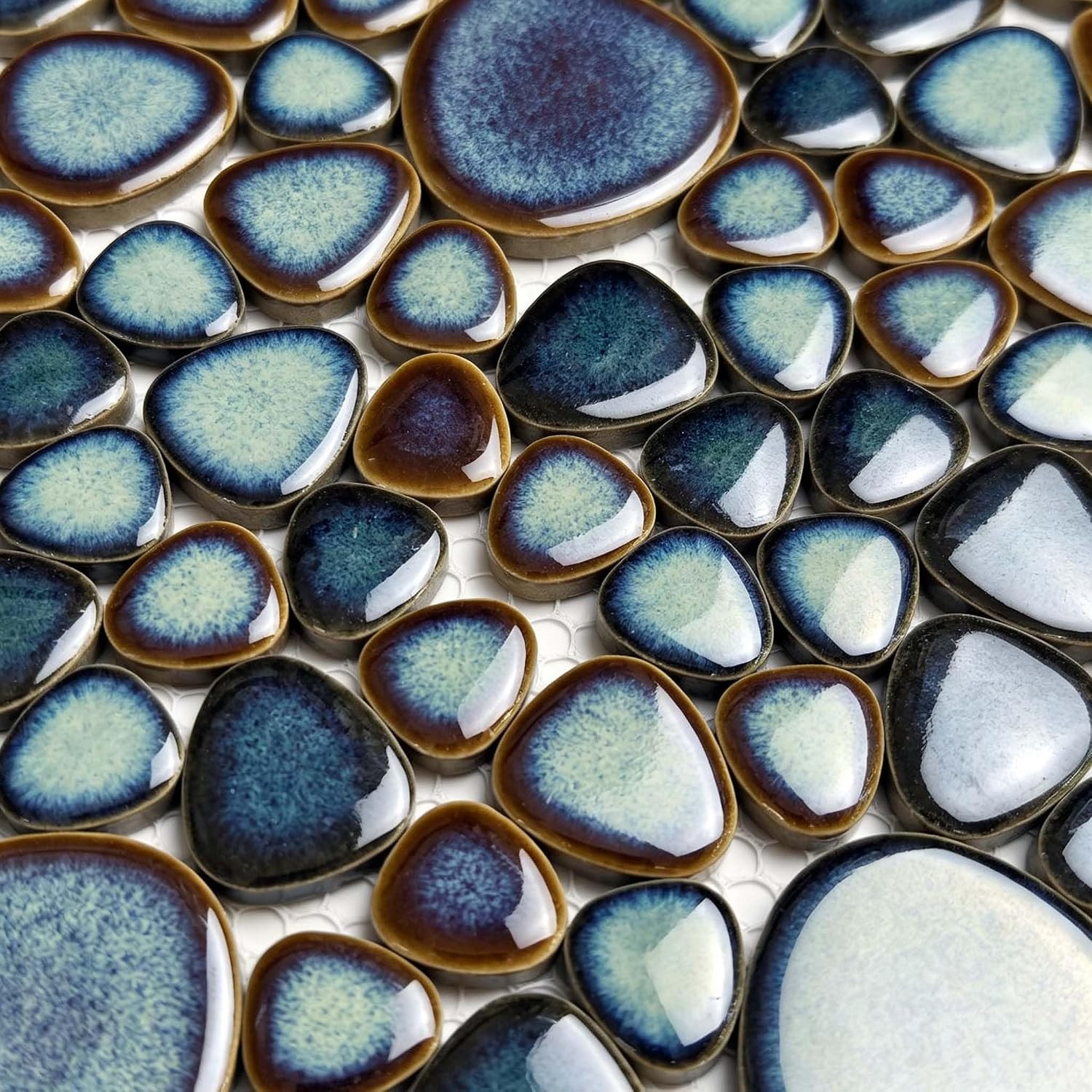 Teal Blue & Bronze Ceramic Pebble Mosaic Tile, 12×12 Sheet for Spa & Backsplash