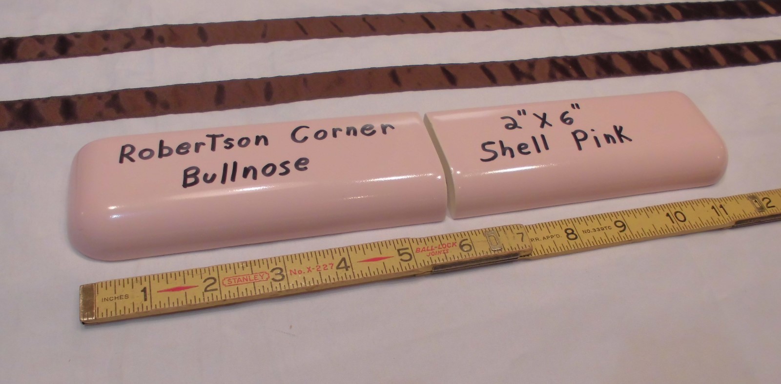 2 pcs. *Shell Pink* 2″ X 6″ Ceramic Radius Bullnose Corner Tiles by Robertson