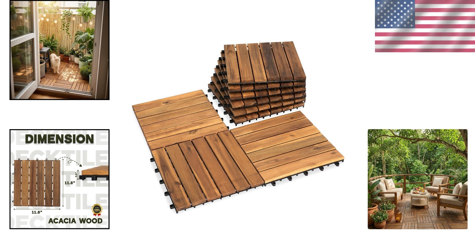 Natural 12×12 Interlocking Acacia Wood Deck Tiles – Anti-Slip for Pools & Patios
