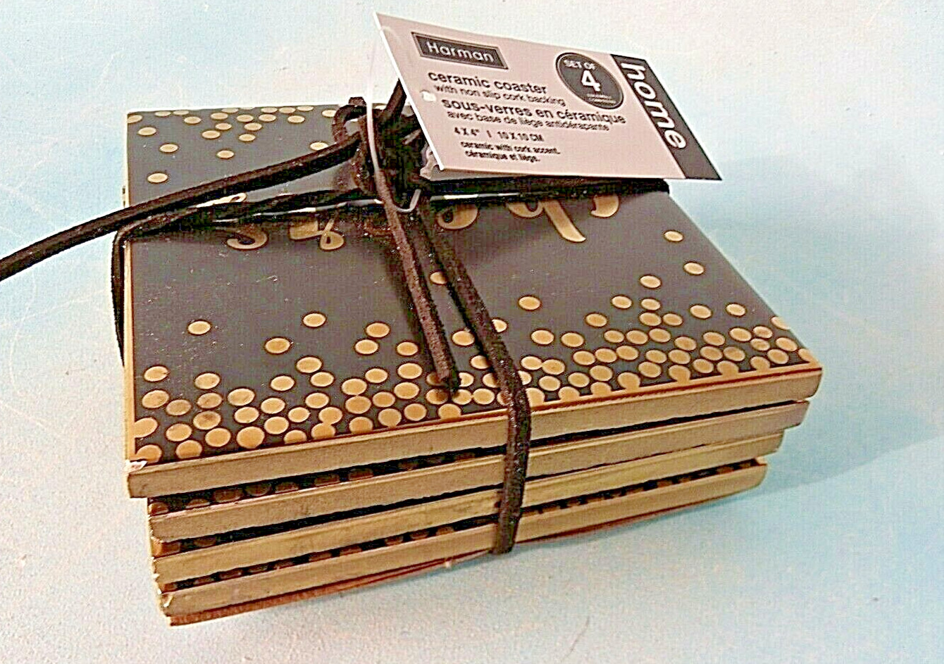 4 Harman Ceramic Drink Coasters Cork Back Black & Metallic Gold “Cheers” New