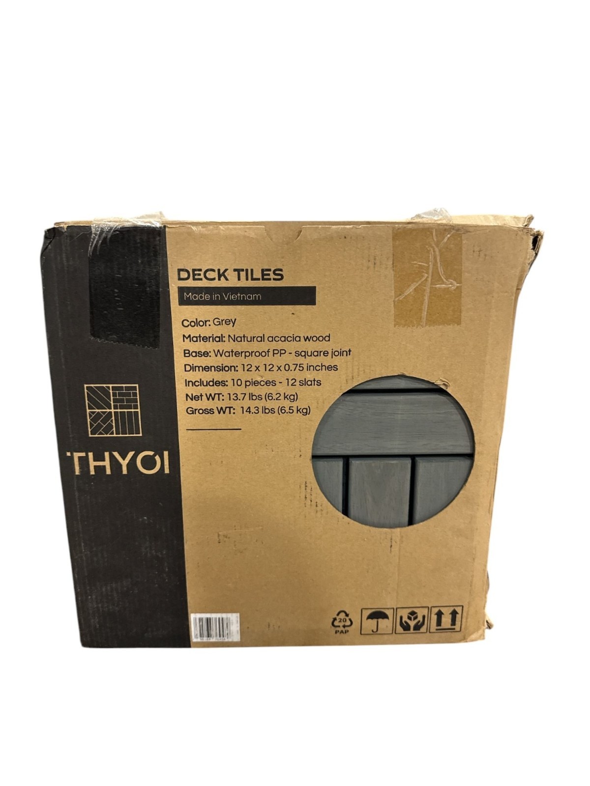 Thyoi Deck Tiles 12″x12″ Natural Acacia Wood Waterproof PP Base Grey 10 Pieces S