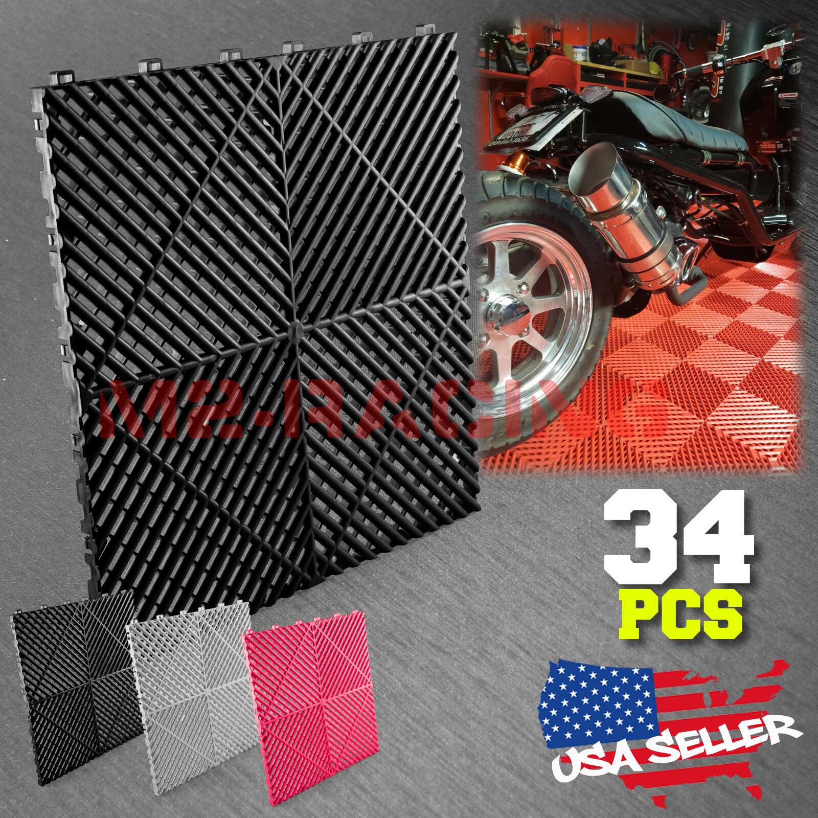 34pcs 16″x16″ Black Garage Floor Mat Perforated Flooring Tile Shop Interlocking