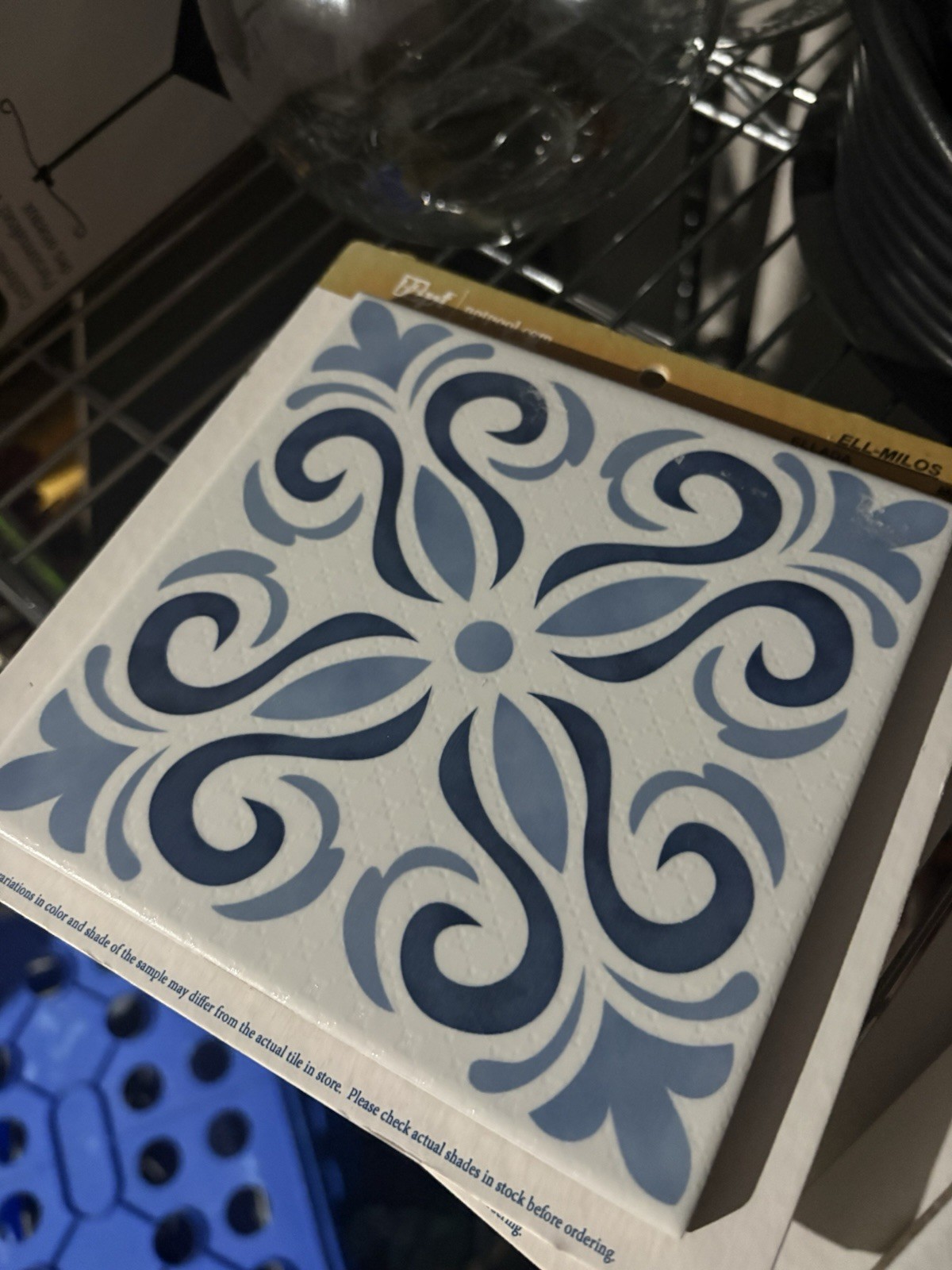 Blue & White Floral Patterned Look Square Floor & Wall Tile, Decorative Patt x6