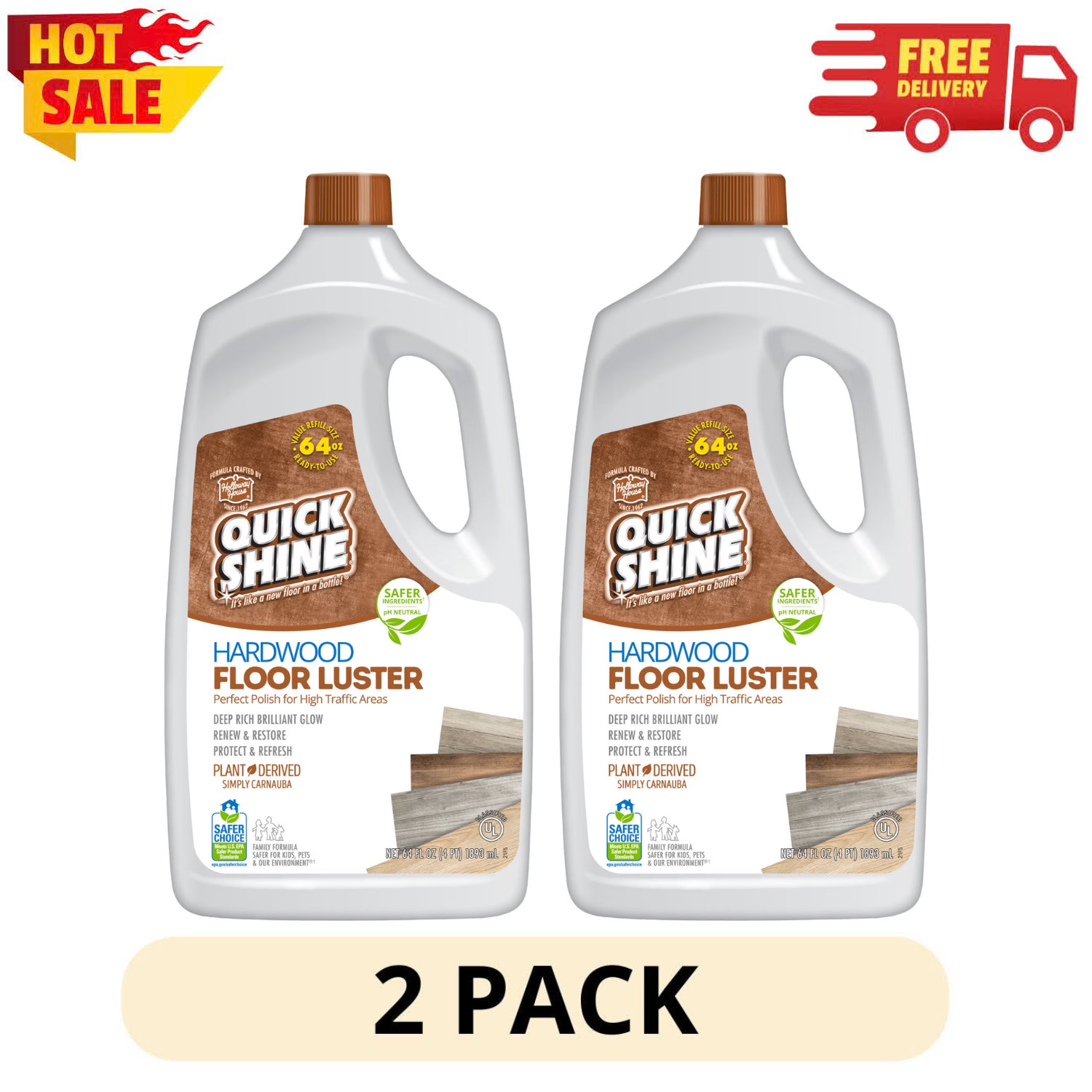 2 Pack Quick Shine Hardwood Floor Luster 64oz PFAS Free Floor Polish and Finish