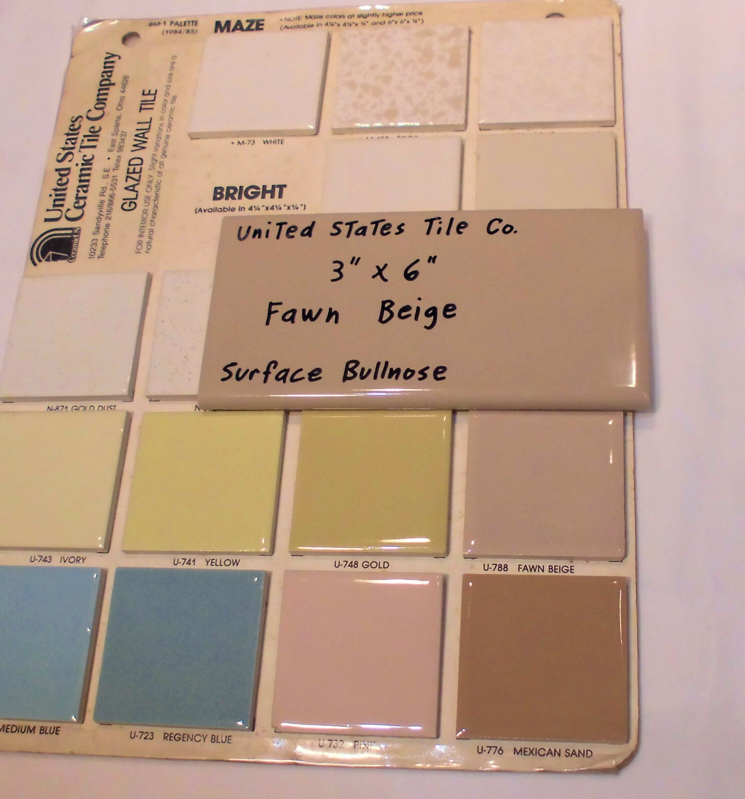 1 pc. Fawn Beige: 3″ X 6″ Glossy Bullnose Ceramic Tile: New Stock, Made USA
