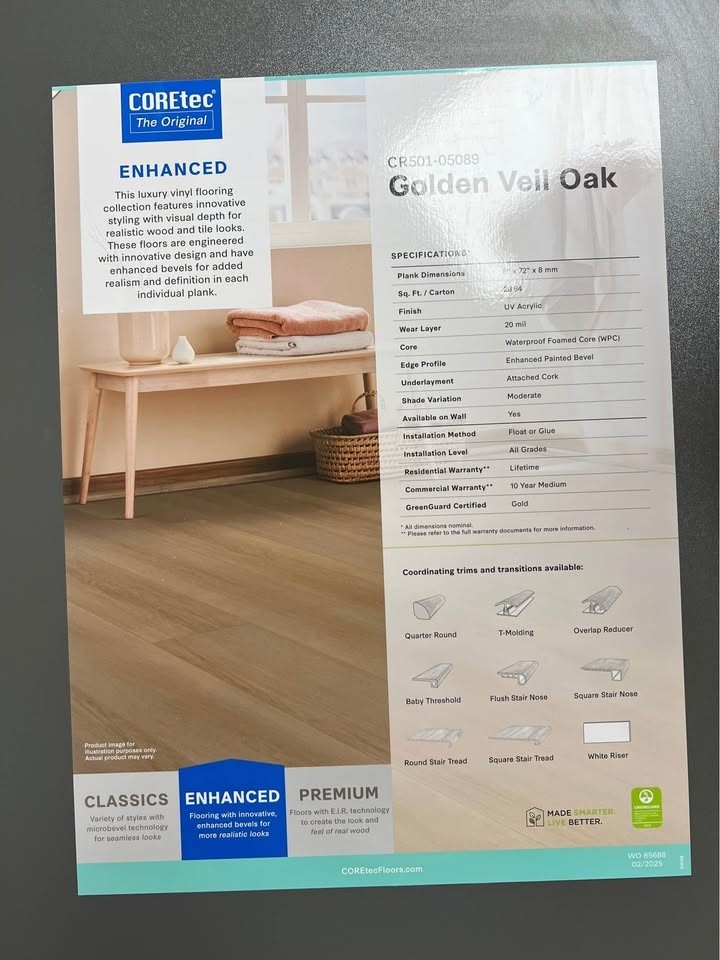 Premium Coretec Enhanced LVP 8mm thick 22 Mil Wear Layer 9”w color Golden Veil