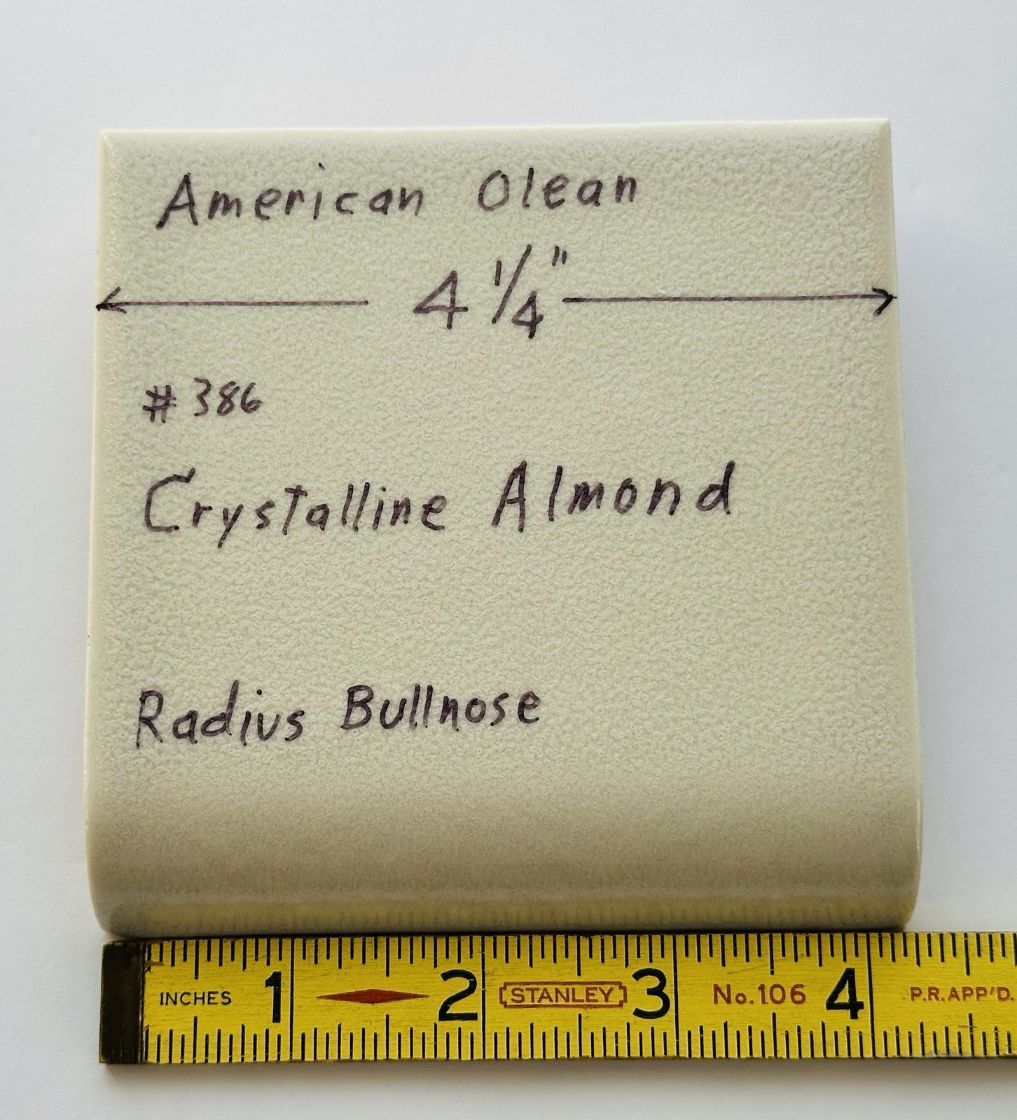 1 pc. Almond: Crystalline Ceramic Radius Bullnose Tile 4-1/4” American Olean