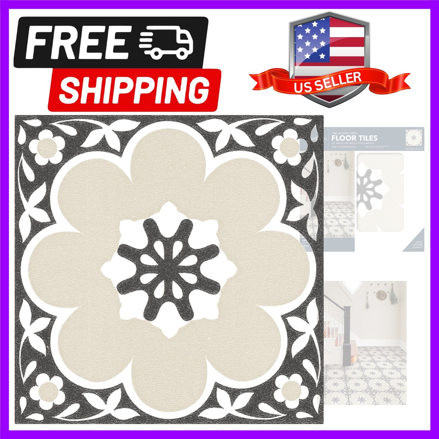 12-in by 12-in Black Daphne Vinyl Peel & Stick Floor Tiles 10 Tiles, 10 sq.ft…
