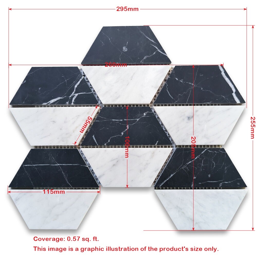 C35T1XH Carrara White Marble Trapezoid Split Hexagon Mosaic Tile Black Honed