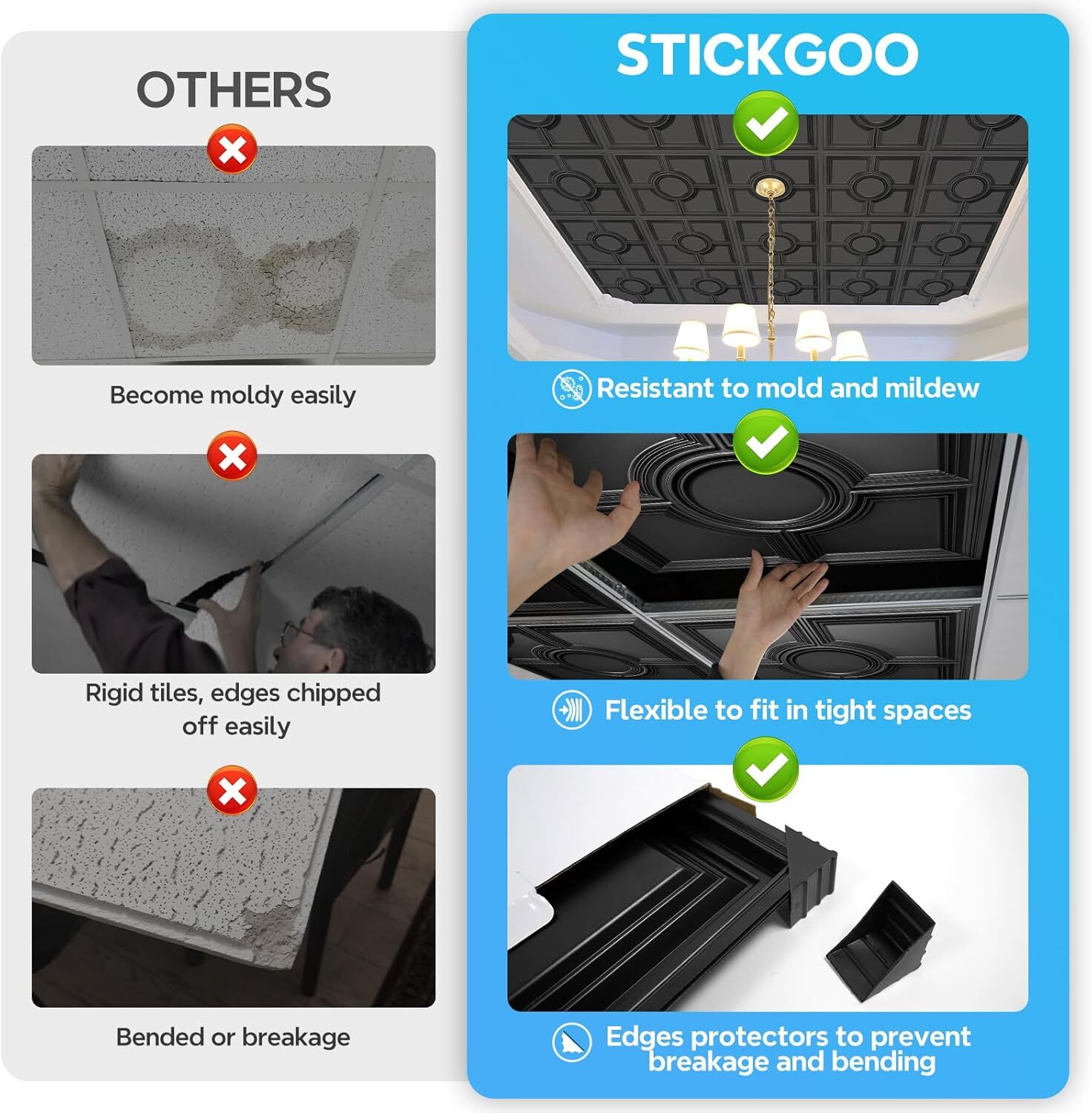 Black PVC Ceiling Tiles 2x2Ft Waterproof 12 Pack 48 SqFt Glue Up or Drop In