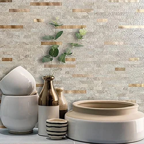 Sheets Faux Stone Peel and Stick Backsplash, 20 sheet Stone Beige Metal Copper