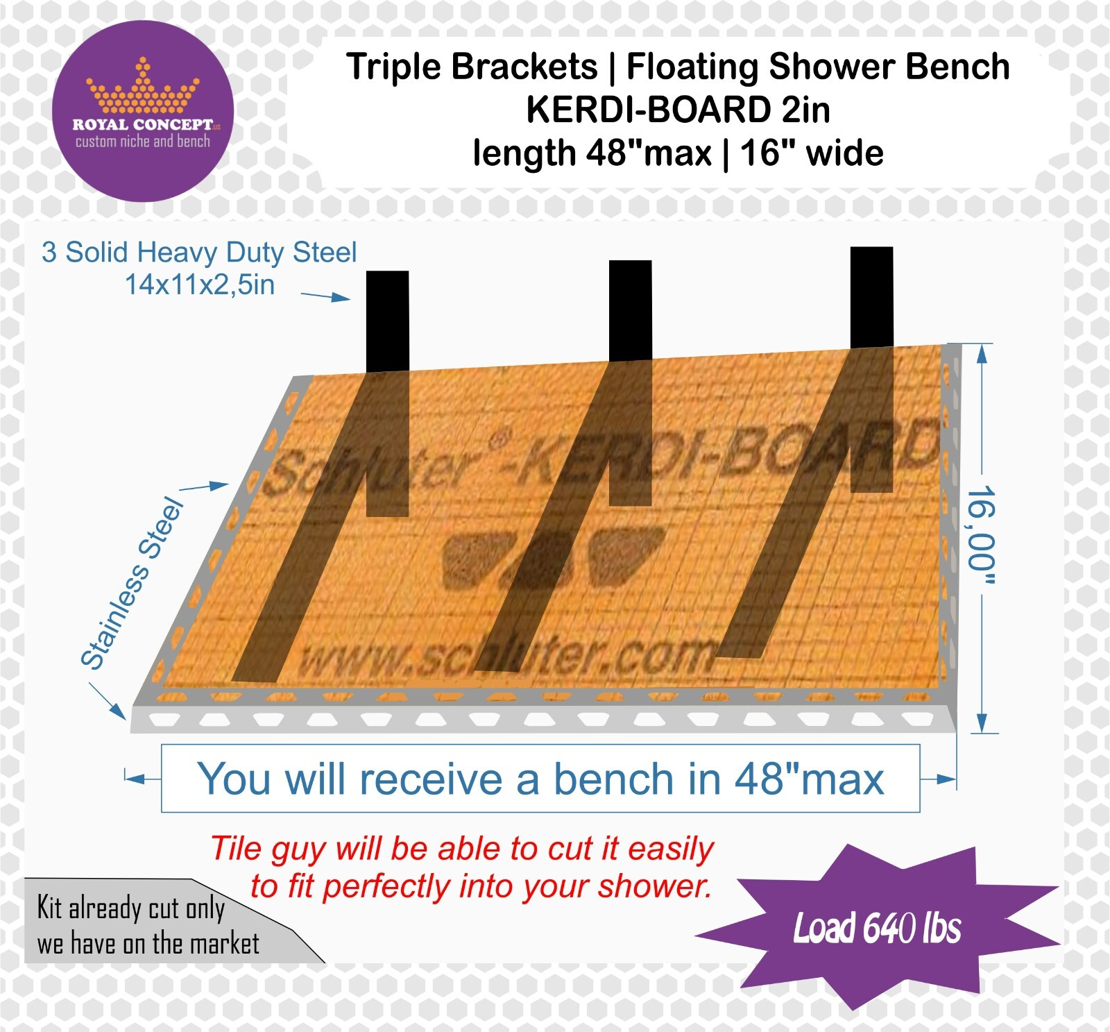 Triple Brackets Floating Bench – Schluter Kerdi-Board 2″ – L48xW16xH2
