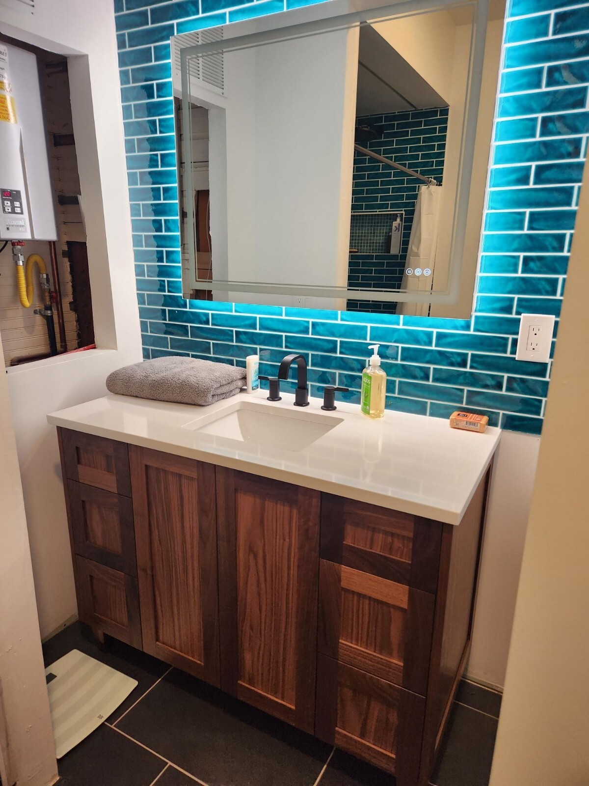 Handmade aquamarine crackled glossy subway tiles, 2″x8″