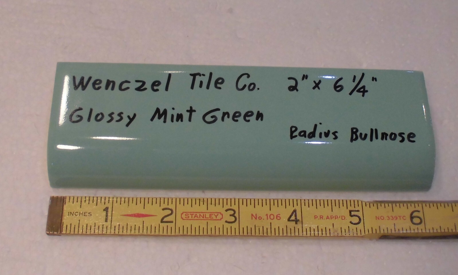 1 pc. Mint Green: Glossy Ceramic Radius Bullnose Tile: Wenczel Co. 2″ X 6-1/4″