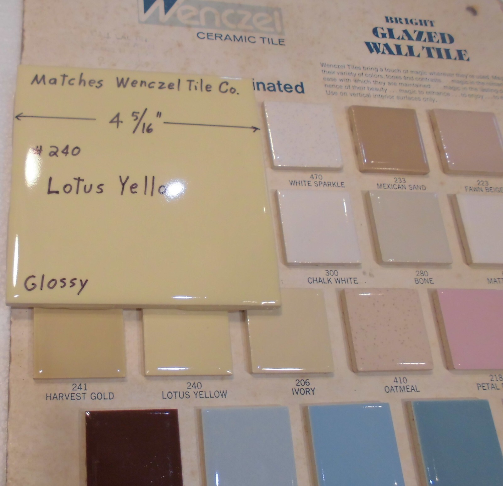 1 pc. Yellow 4-5/16″ Glossy Ceramic Tile: matches Wenczel Co. #240: Lotus Yellow