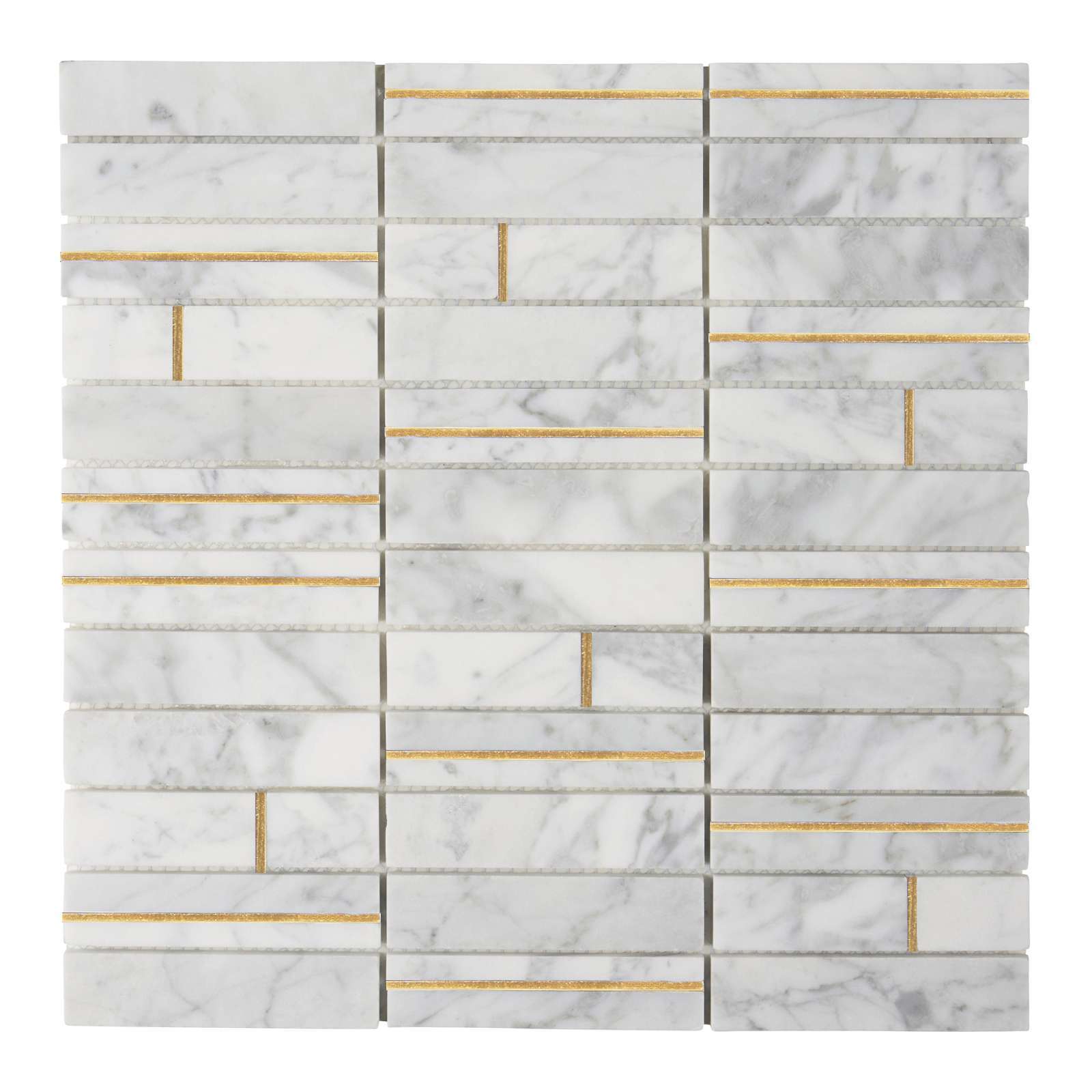 Carrara White Marble Stone Gold Metal Inlay Stack Kitchen Mosaic Tile Backsplash