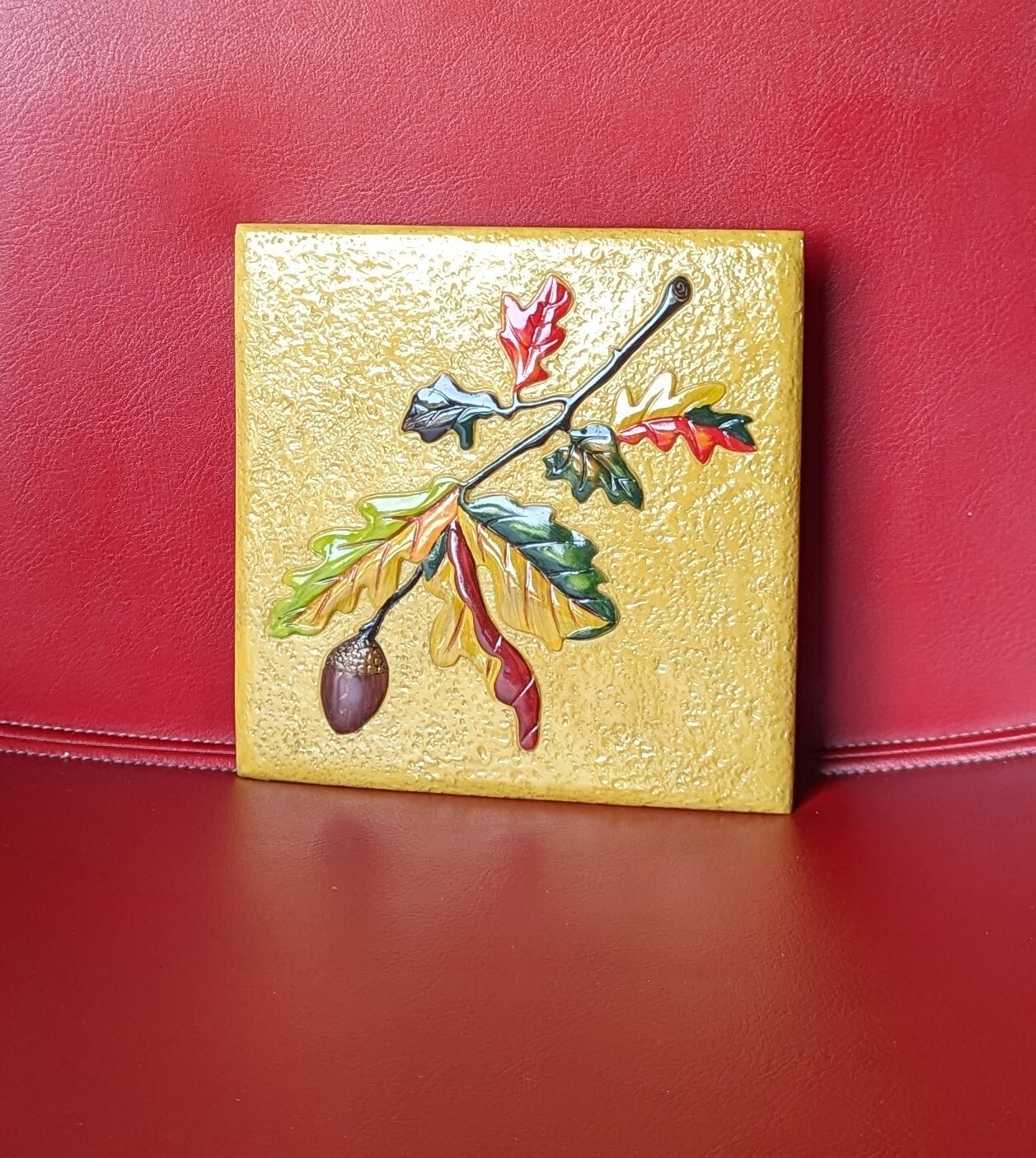 6 ½” Yellow 3D Colorful Fall LEAVES Branch Acorn Art Resin Accent TILE Trivet