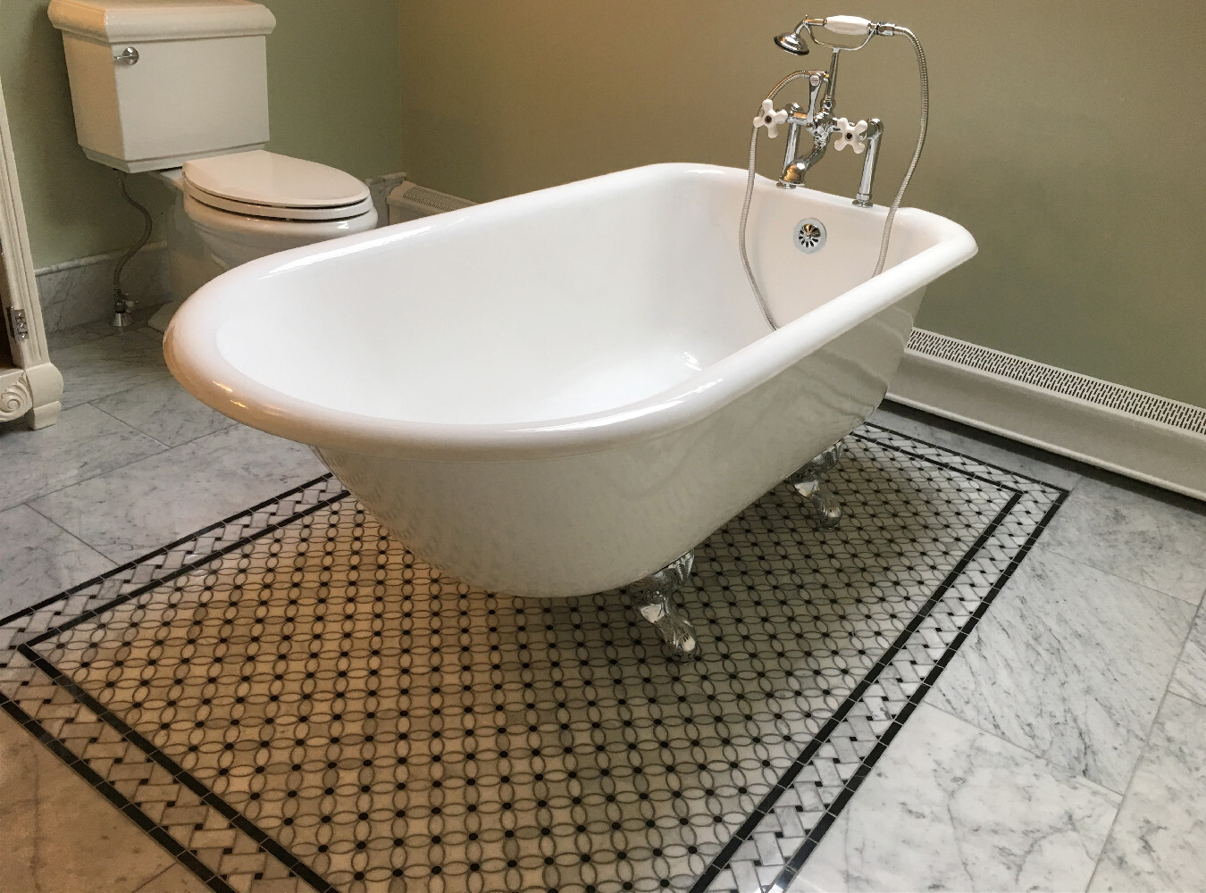 C651BXP Carrara Marble Basketweave Listello Border Black Dots Polished 4×12