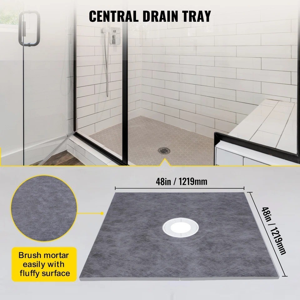 Waterproofing Shower Kit Shower Kit Tray 48”x48” with Central Drain ABS
