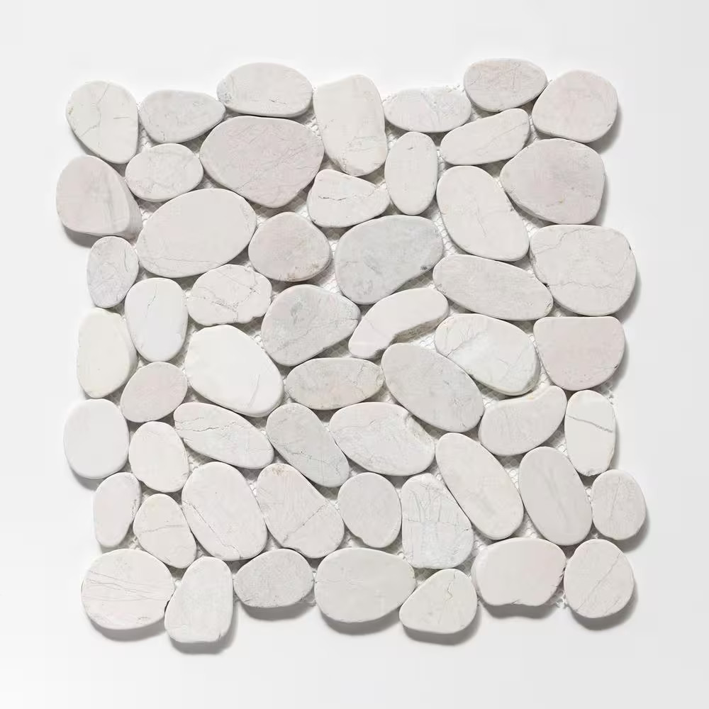 Sliced Pebble Tile White 11-1/4 In. X 11-1/4 In. X 9.5 Mm Mesh-Mounted Mosaic Ti